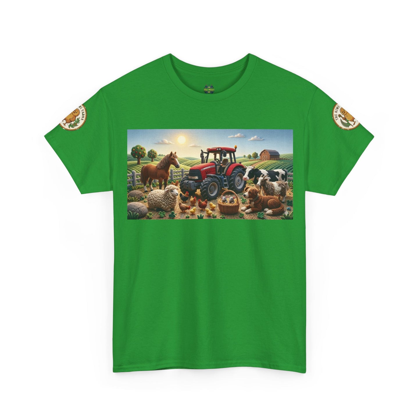 Green crewneck T-shirt with large farm-themed graphic on the front