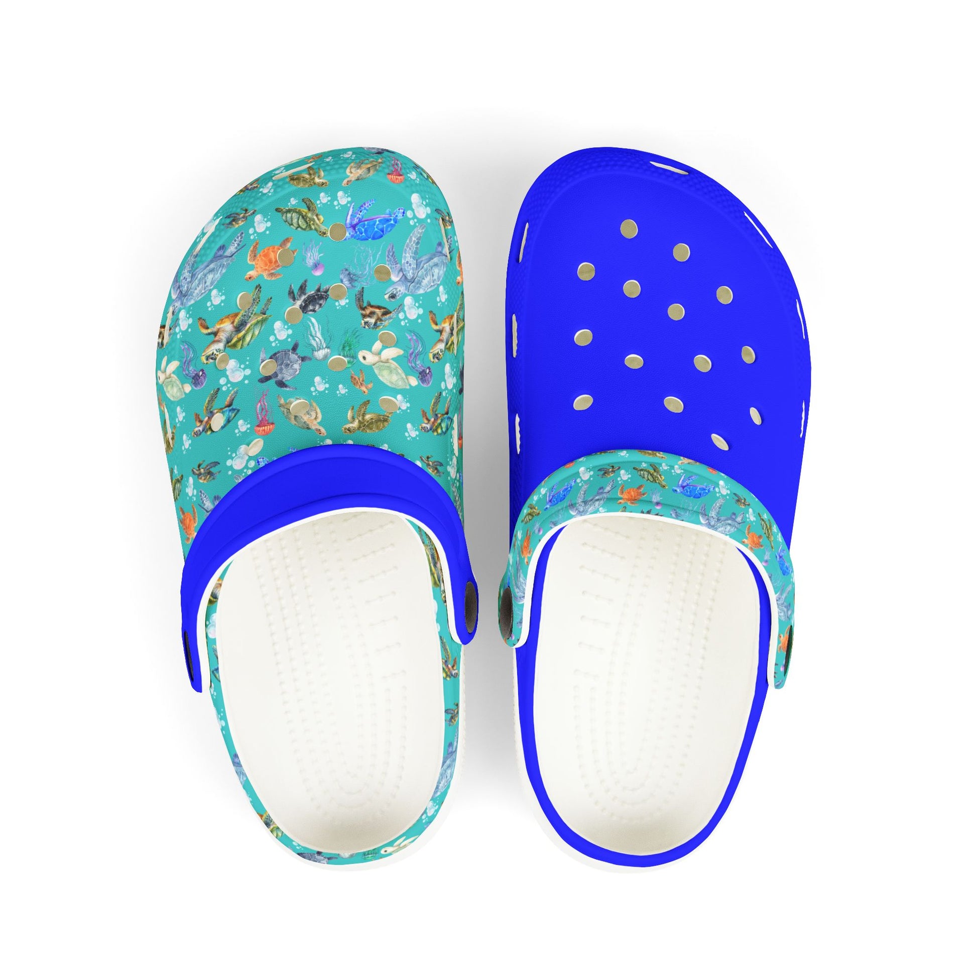 Kids slip-on clogs with teal marine print uppers, blue sides, and white outsole