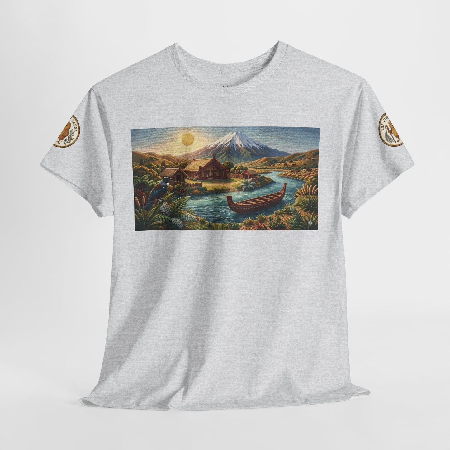 Light gray crew-neck graphic T-shirt with rectangular landscape print and circular sleeve logos