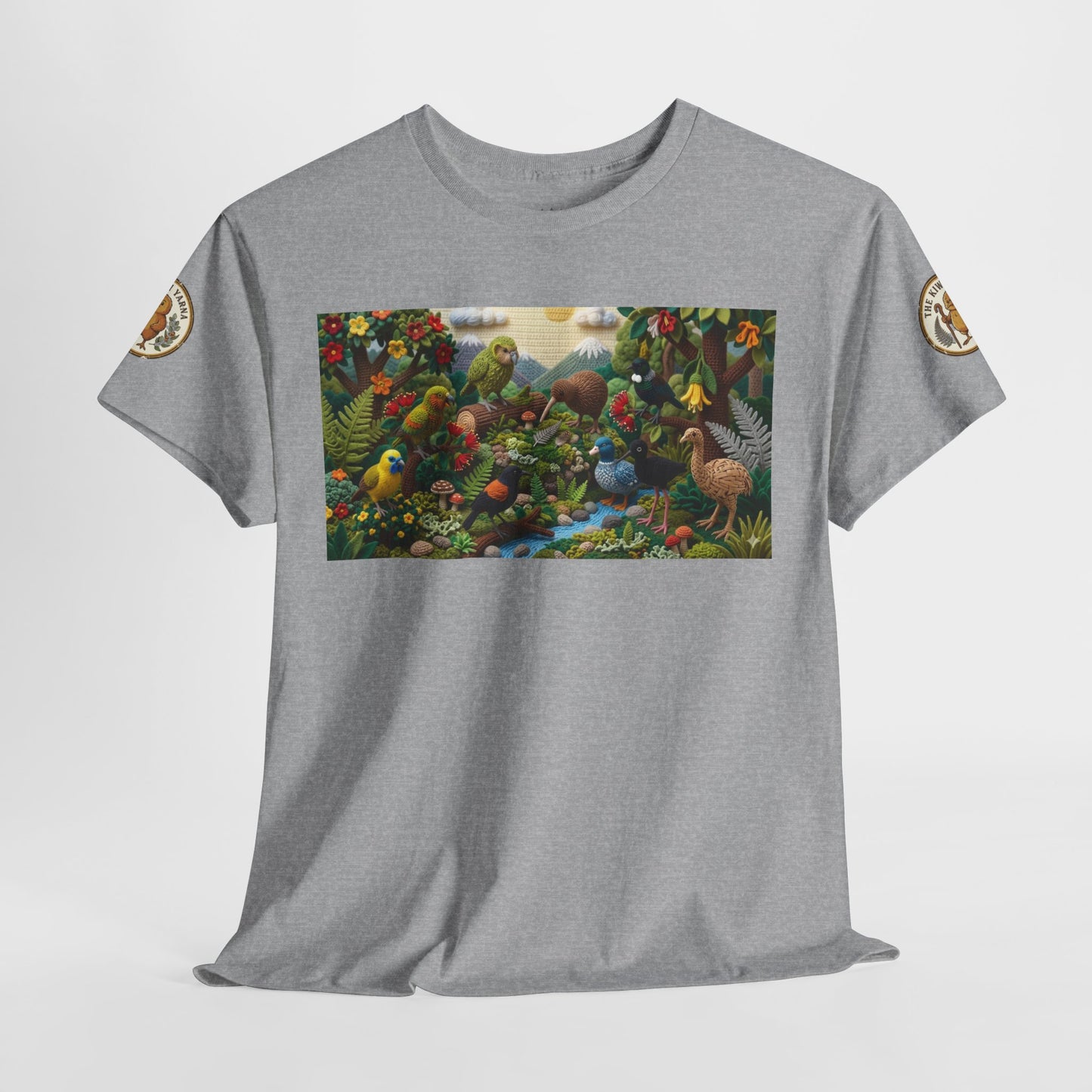 Heather gray short-sleeve T-shirt with central colorful bird landscape panel