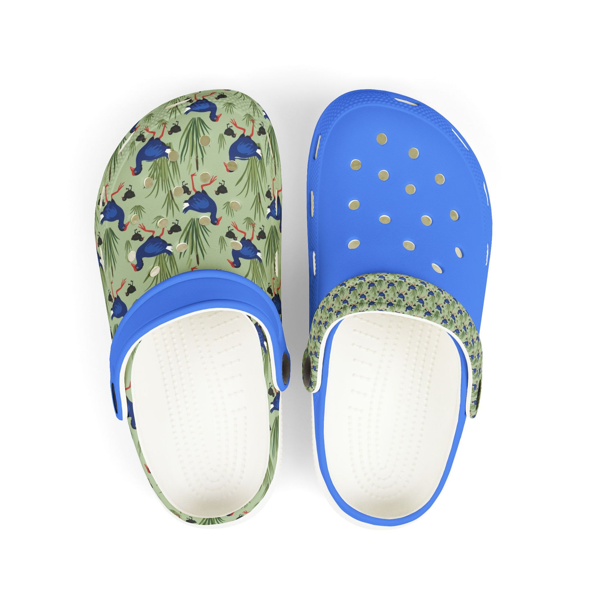 Kids slip-on clog shoes with green animal print top, blue back, and white sole.