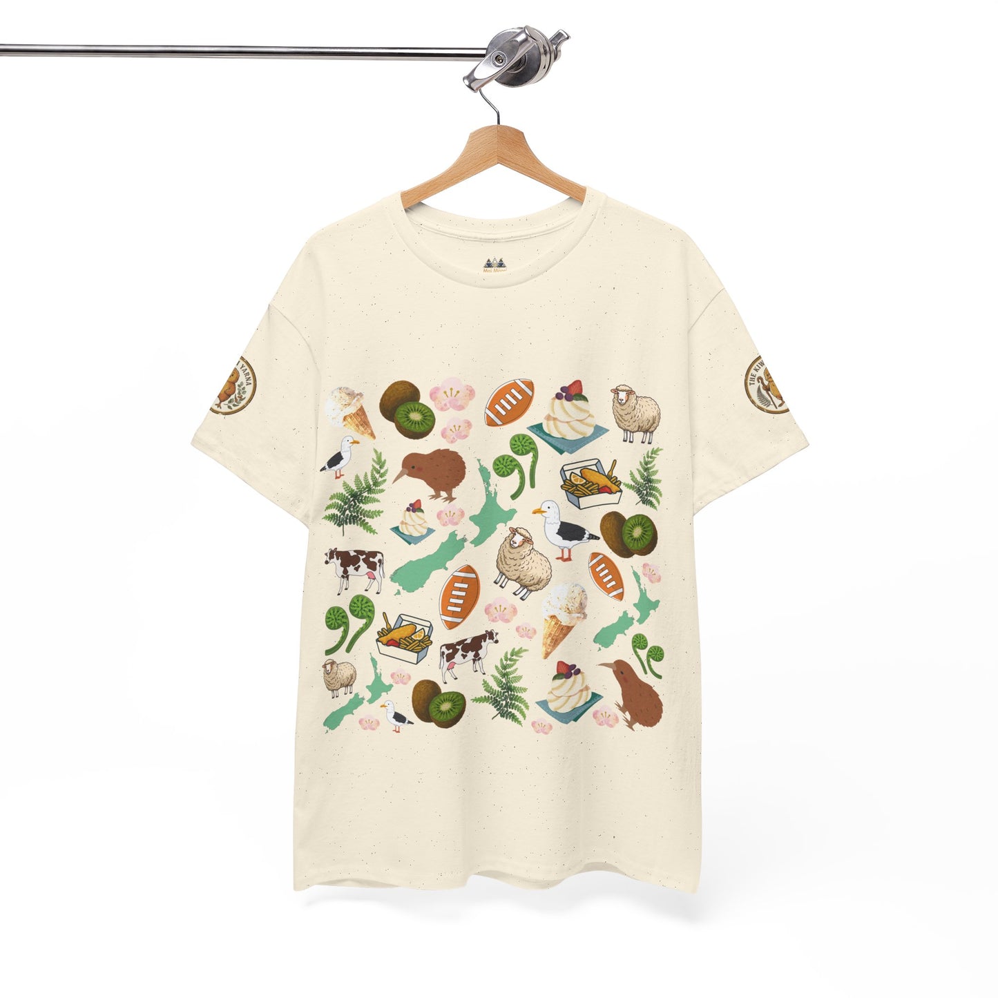 Cream graphic T-shirt on hanger with scattered icons; round neck and short sleeves