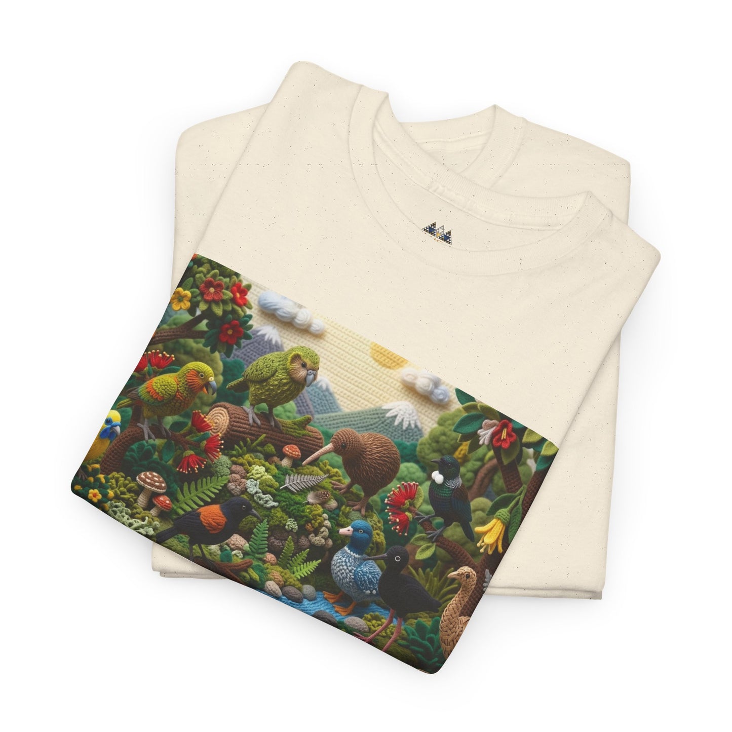Off-white crew-neck t-shirt with overlapping colorful birds-in-forest rectangle graphic
