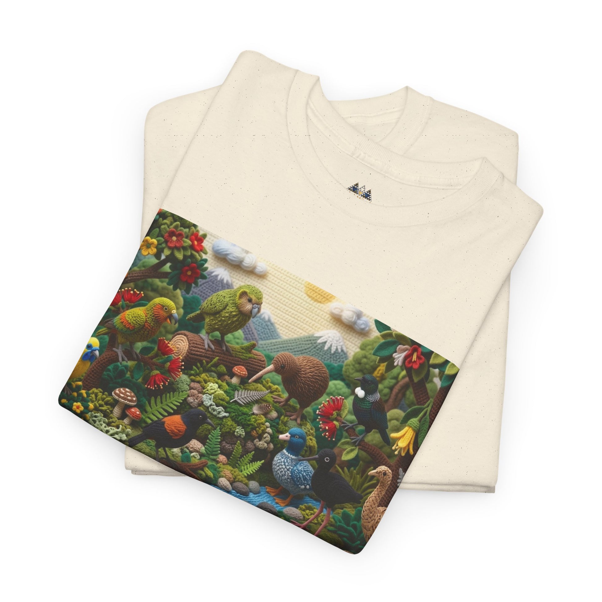 Off-white crew-neck t-shirt with overlapping colorful birds-in-forest rectangle graphic