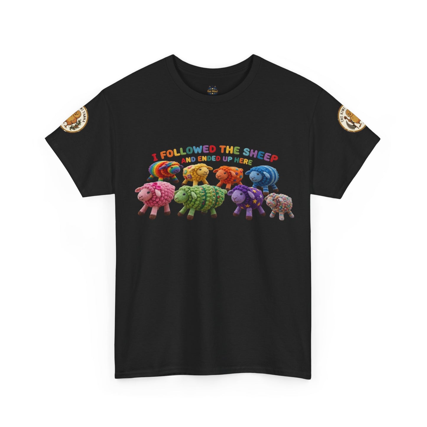 Black crew-neck graphic T-shirt with colorful sheep crowd print and small circular sleeve badges