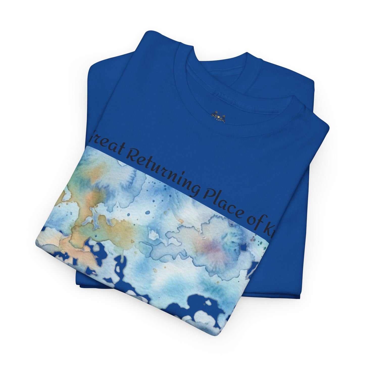 Folded blue crew-neck graphic T-shirt with scenic landscape front panel