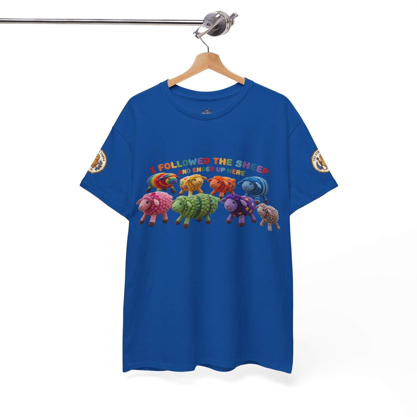 Royal blue short-sleeve T-shirt on a hanger with colorful sheep graphic