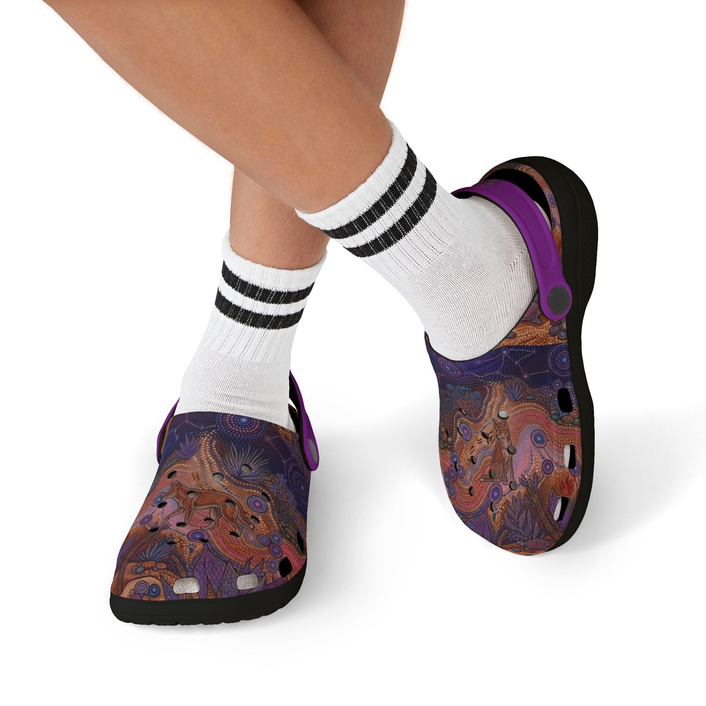Purple printed clog shoes with purple heel strap and dark tread sole