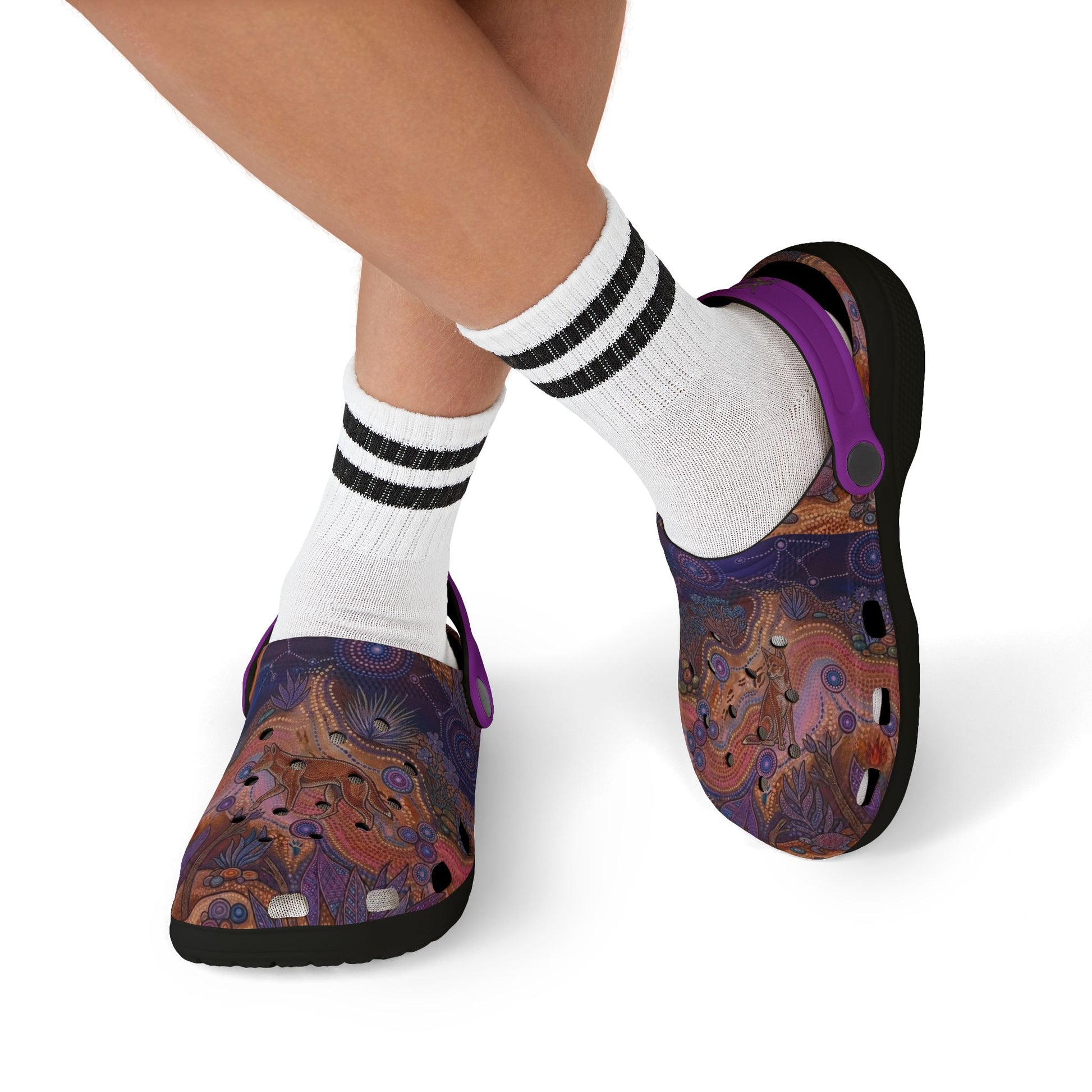 Purple printed clog shoes with purple heel strap and dark tread sole