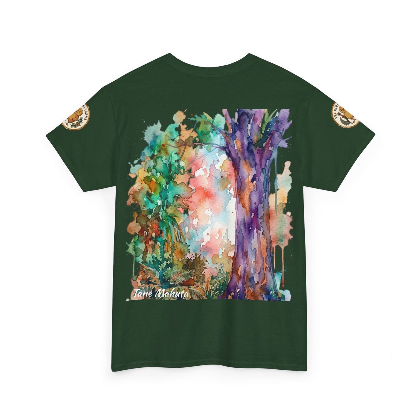 Forest green T-shirt with colorful tree watercolor print and round sleeve patches