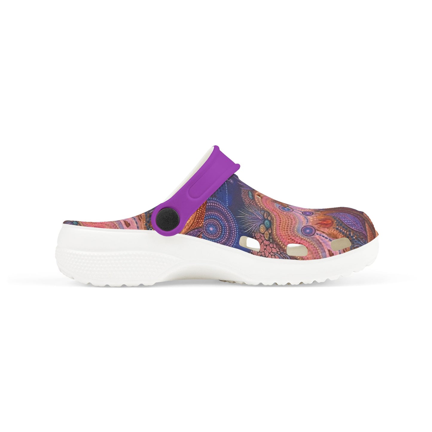 Single patterned slip-on clog with purple strap and white sculpted sole