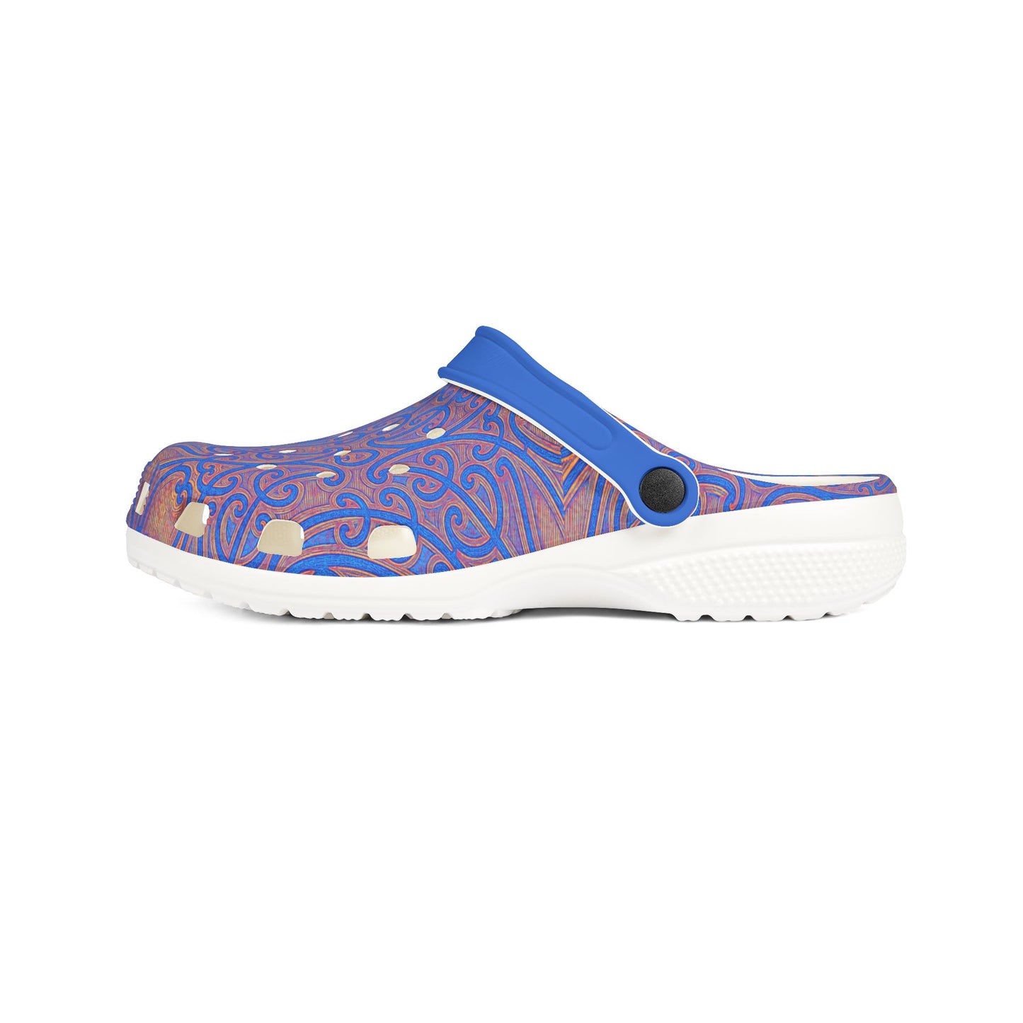Māpouriki slip-on clog, patterned blue upper with blue heel strap and white sole