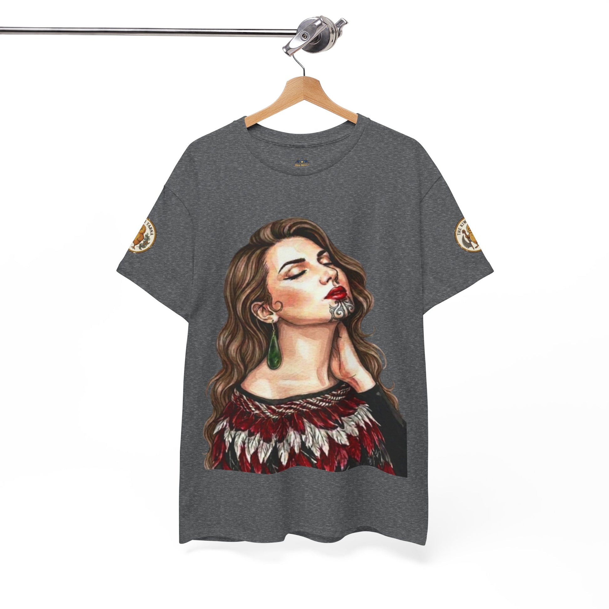 Heather gray graphic T-shirt with woman portrait print at the chest