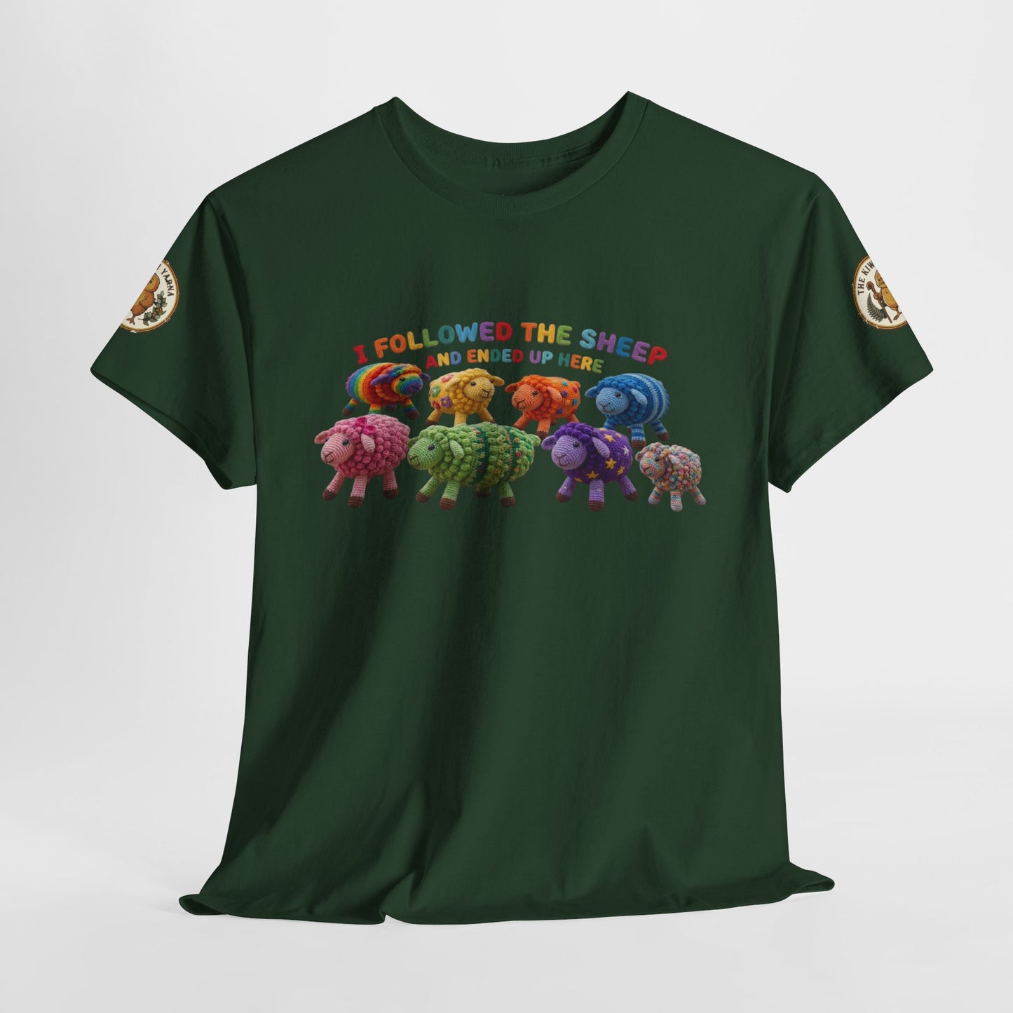 Forest green T-shirt with colorful sheep graphic on the chest and matching sleeve patches