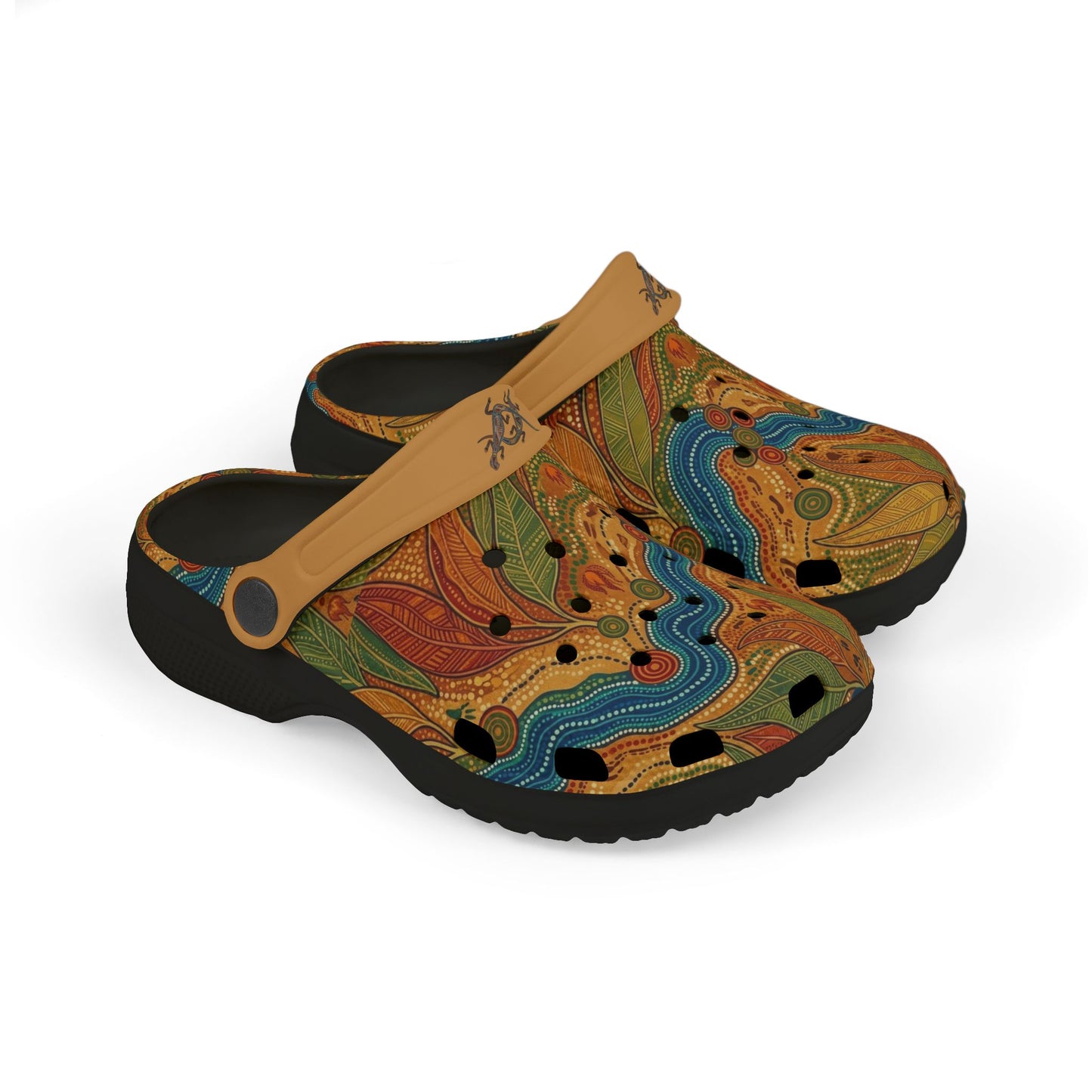 Casual slip-on clogs with tan strap, colorful Aboriginal art, black sole and footbed.