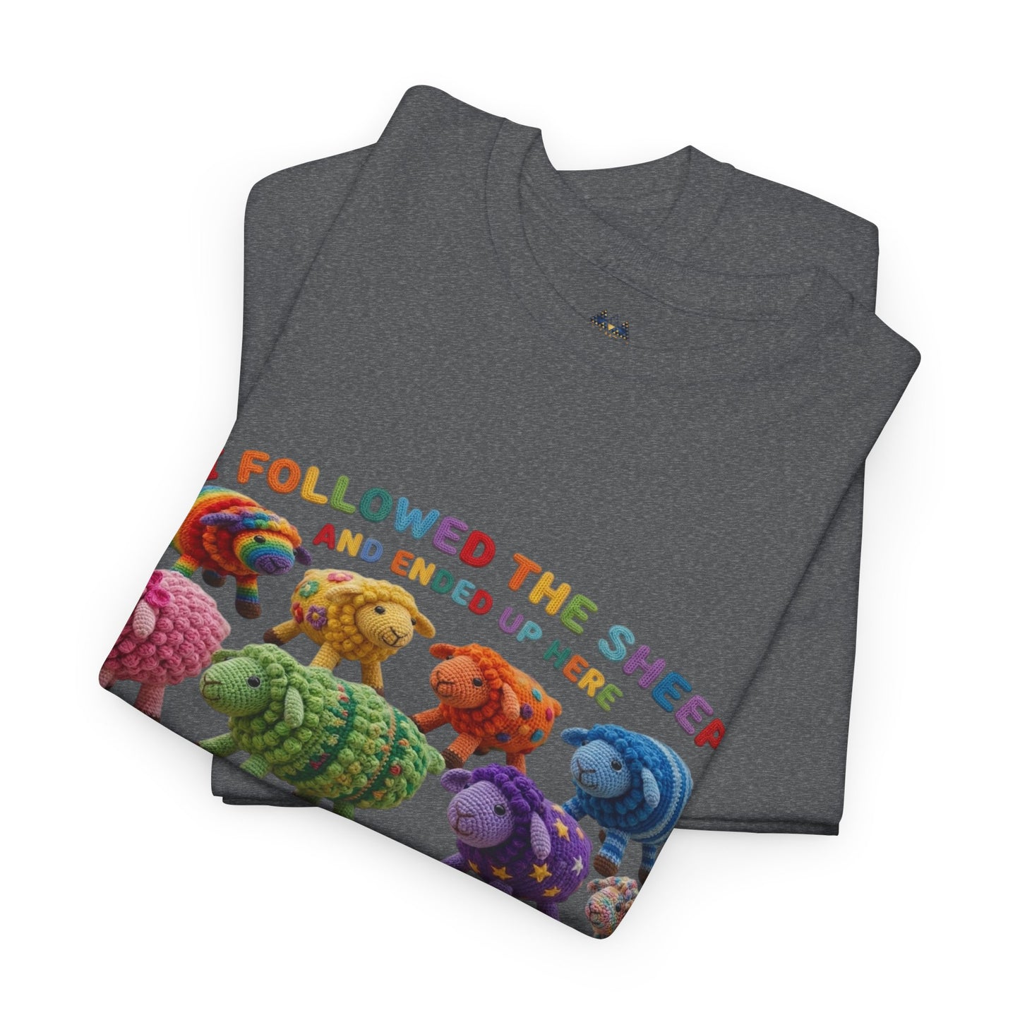 Dark heather gray crew-neck t-shirt with colorful sheep graphic on folded front