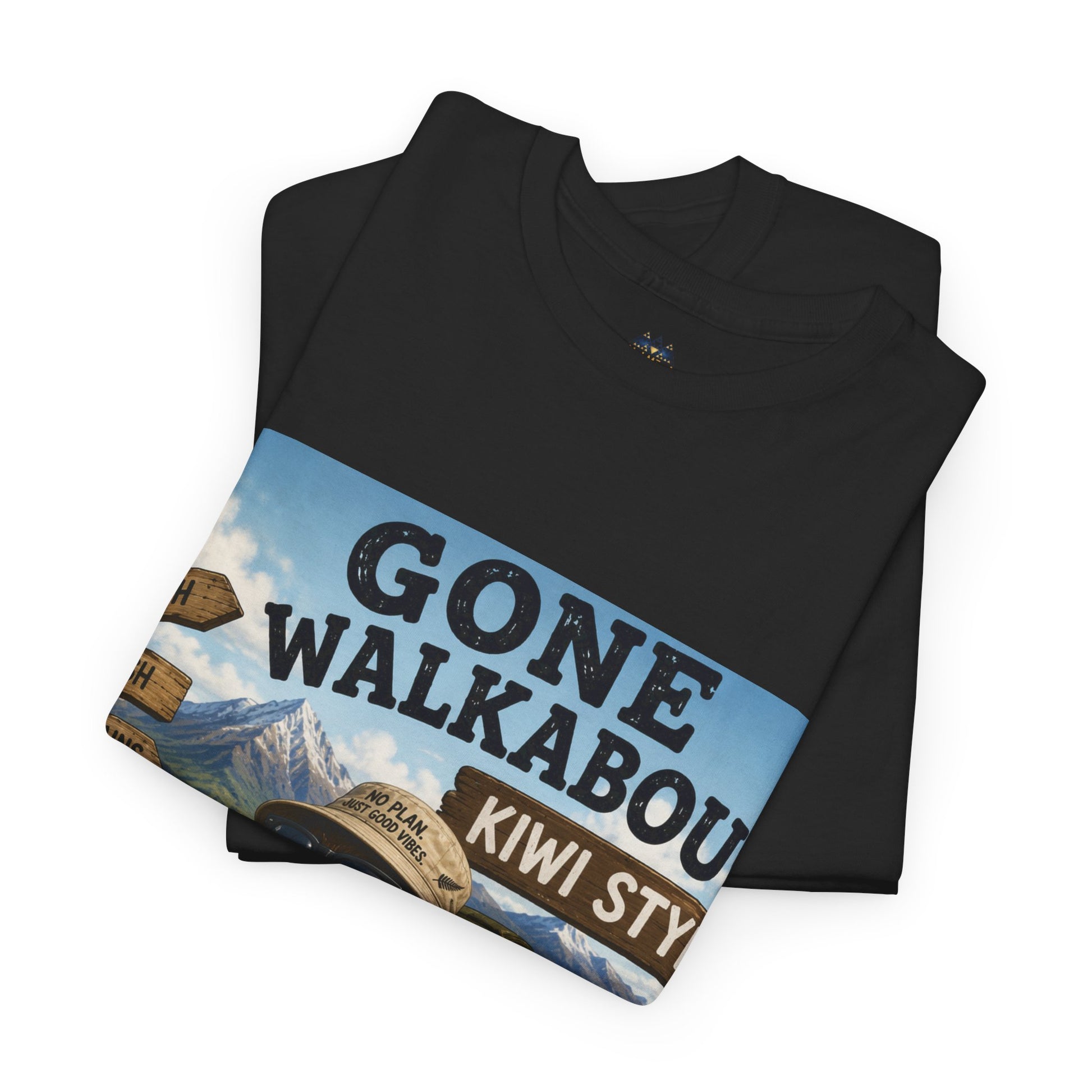Black graphic T-shirt folded with wide Gone Walkabout Kiwi Style banner design