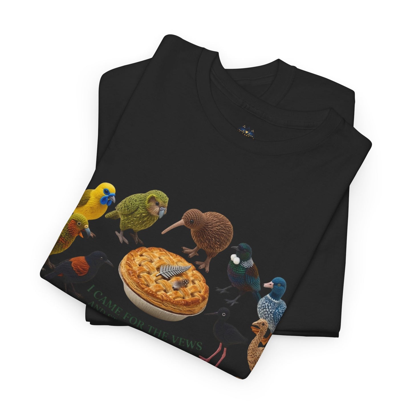 Black graphic t-shirt folded, birds and pizza design with arched text