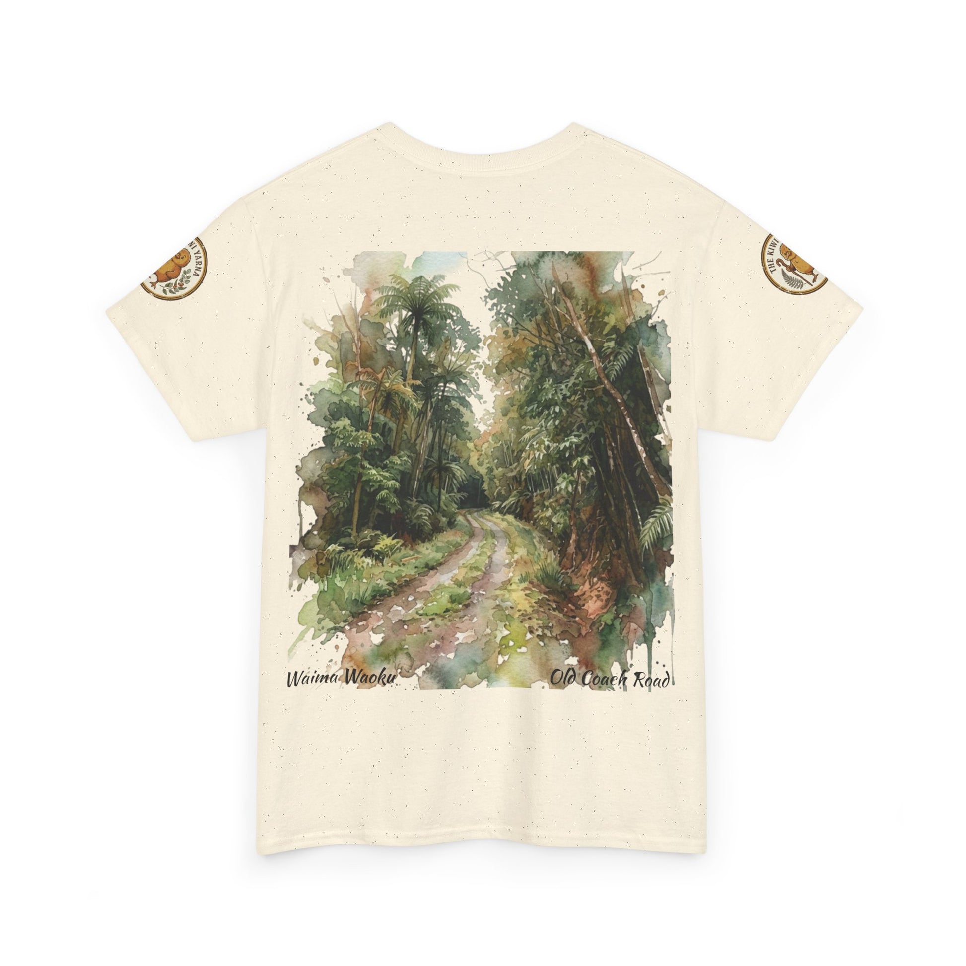 Cream T-shirt with back landscape print and small front logo accents