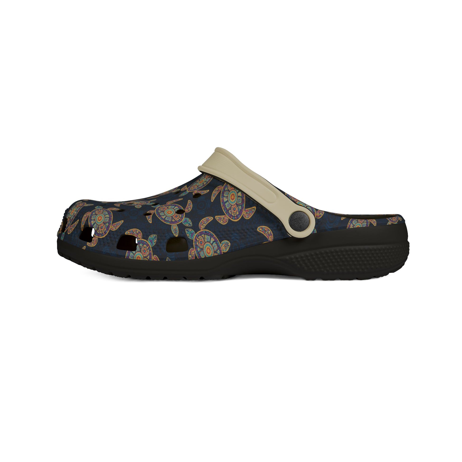 Croc-style clog profile, dark navy turtle print upper with beige strap and dark textured outsole