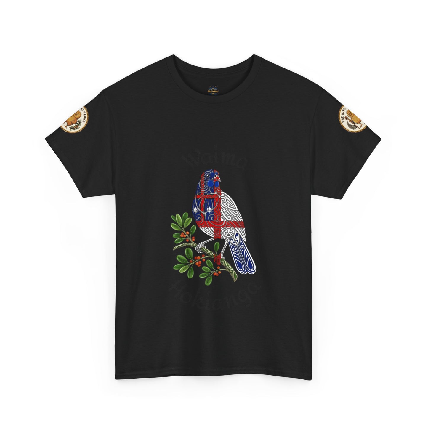 Black graphic T-shirt with bird and flowers print, crewneck, logo patch on sleeves