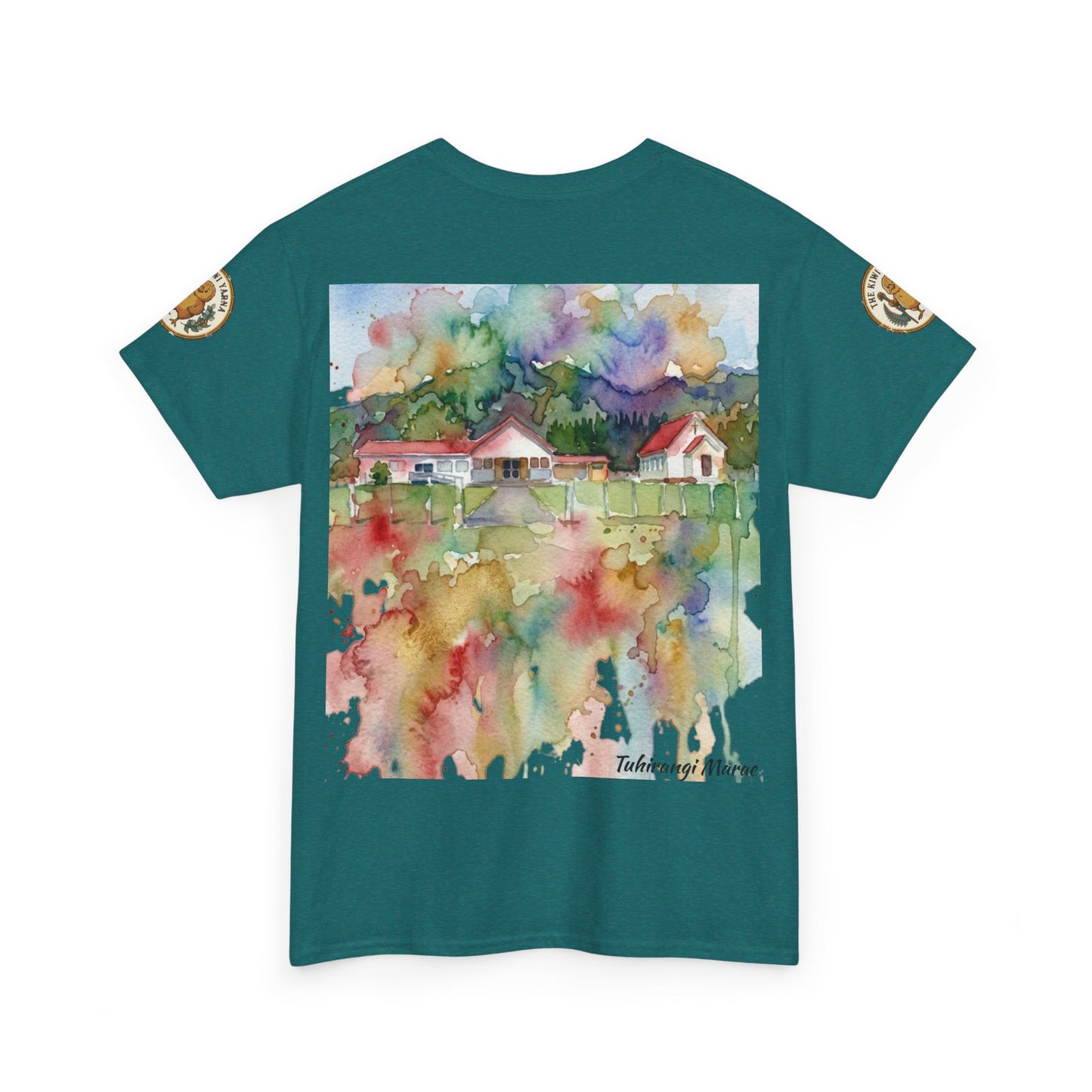 Teal t-shirt with watercolor-style house art graphic on front