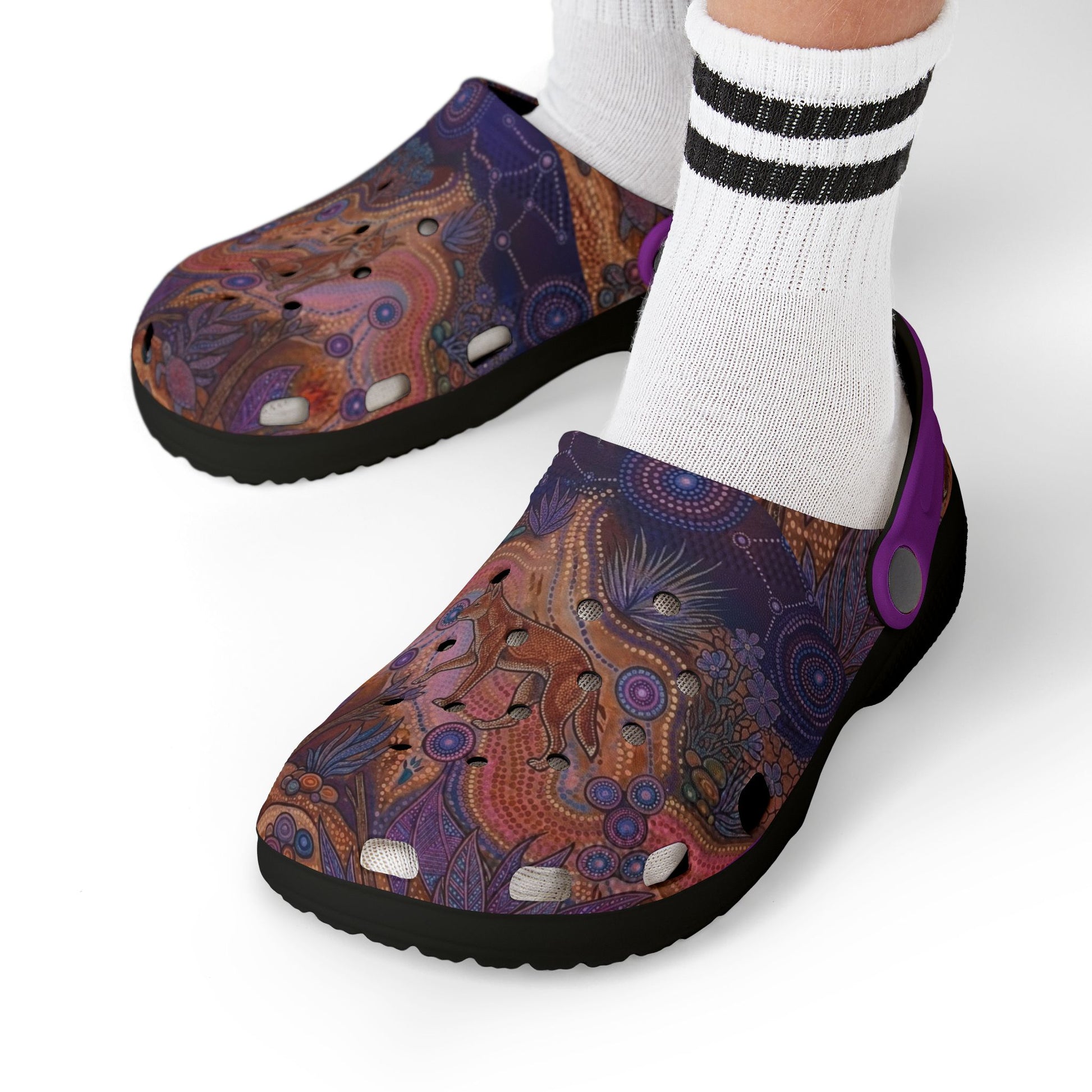 Printed purple clog shoes with purple strap and dark sole
