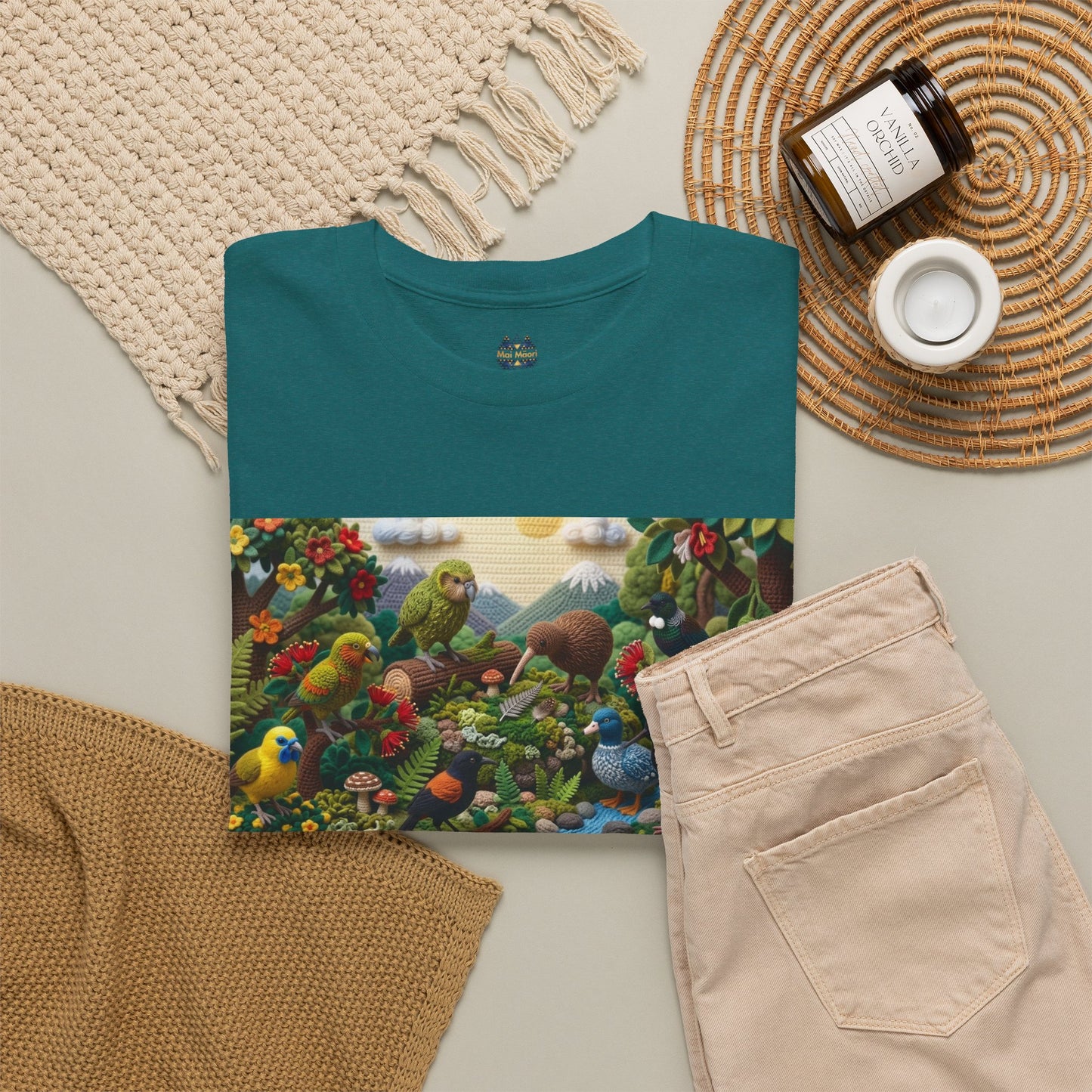 Teal T-shirt with bird and flowers graphic panel, folded with accessories nearby.