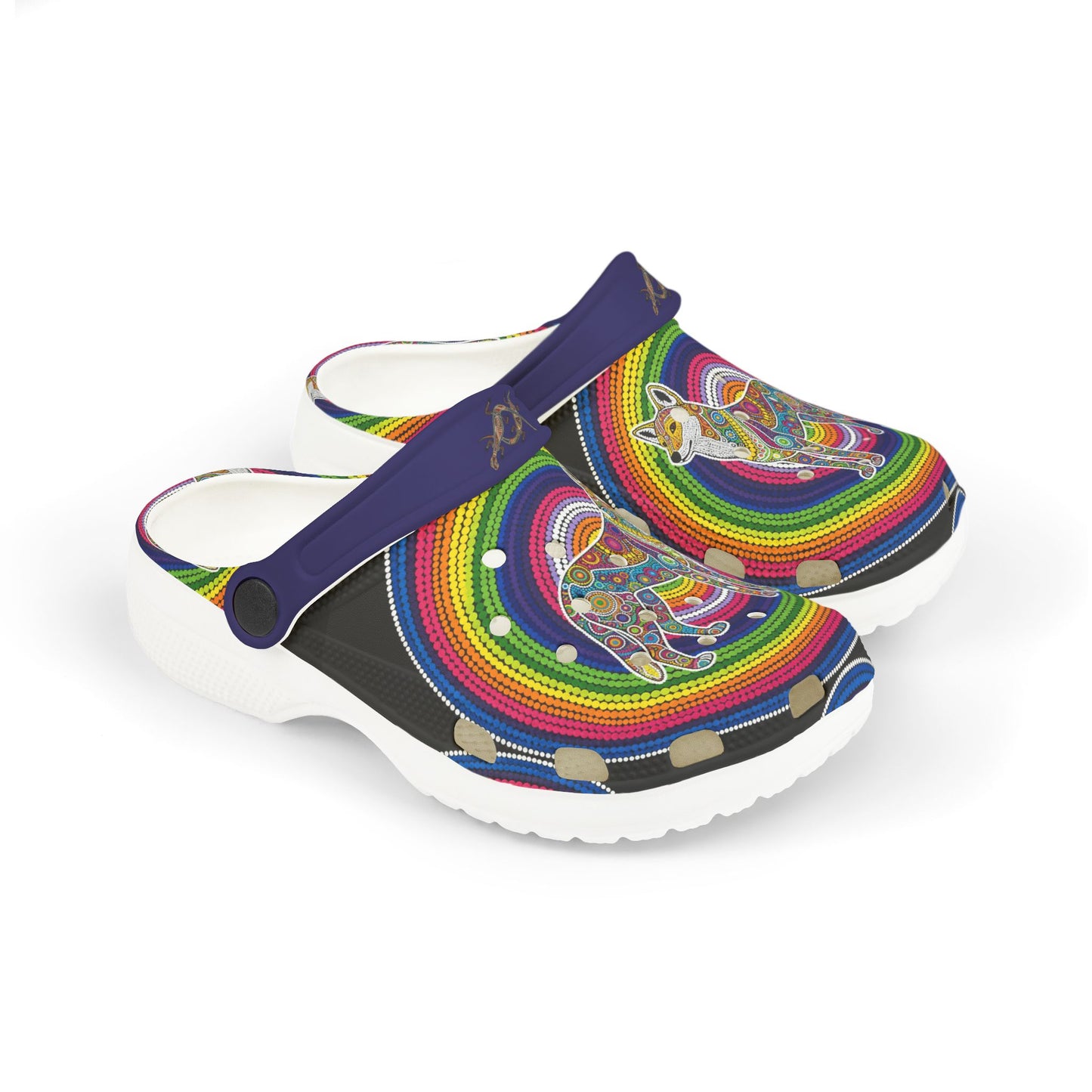 Rainbow dingo print slip-on clog shoe with navy straps and white outsole