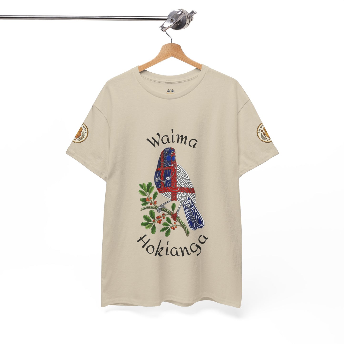 Beige graphic T-shirt with bird print and Waima Hokianga text