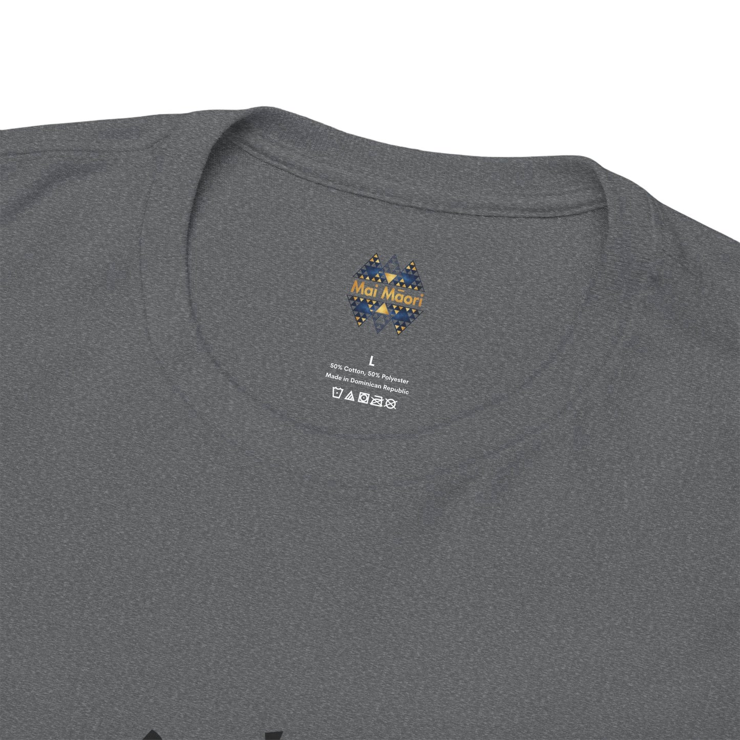 Gray heather T-shirt back close-up with small multicolor logo and label details