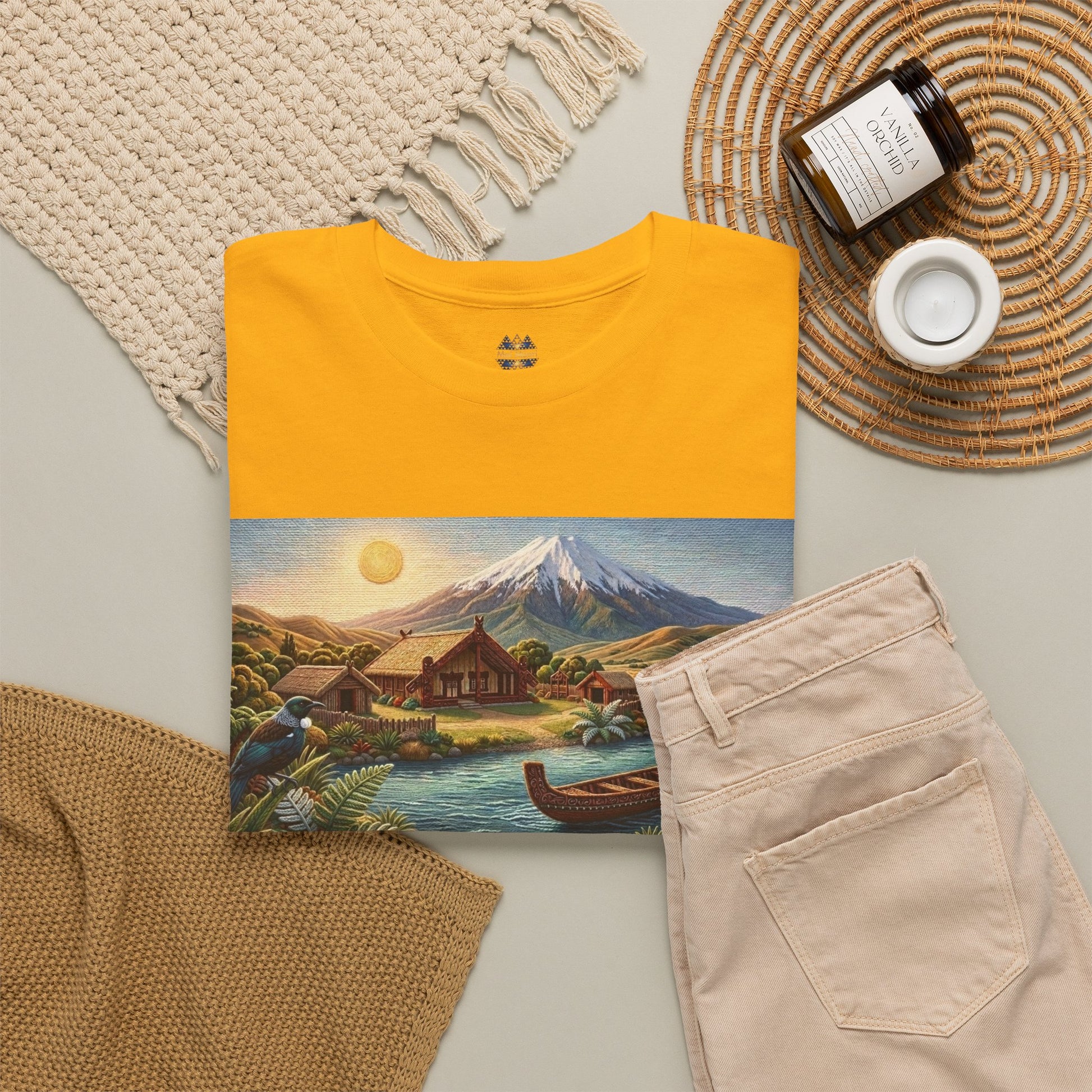 Yellow graphic T-shirt with rectangular landscape boat and mountain print