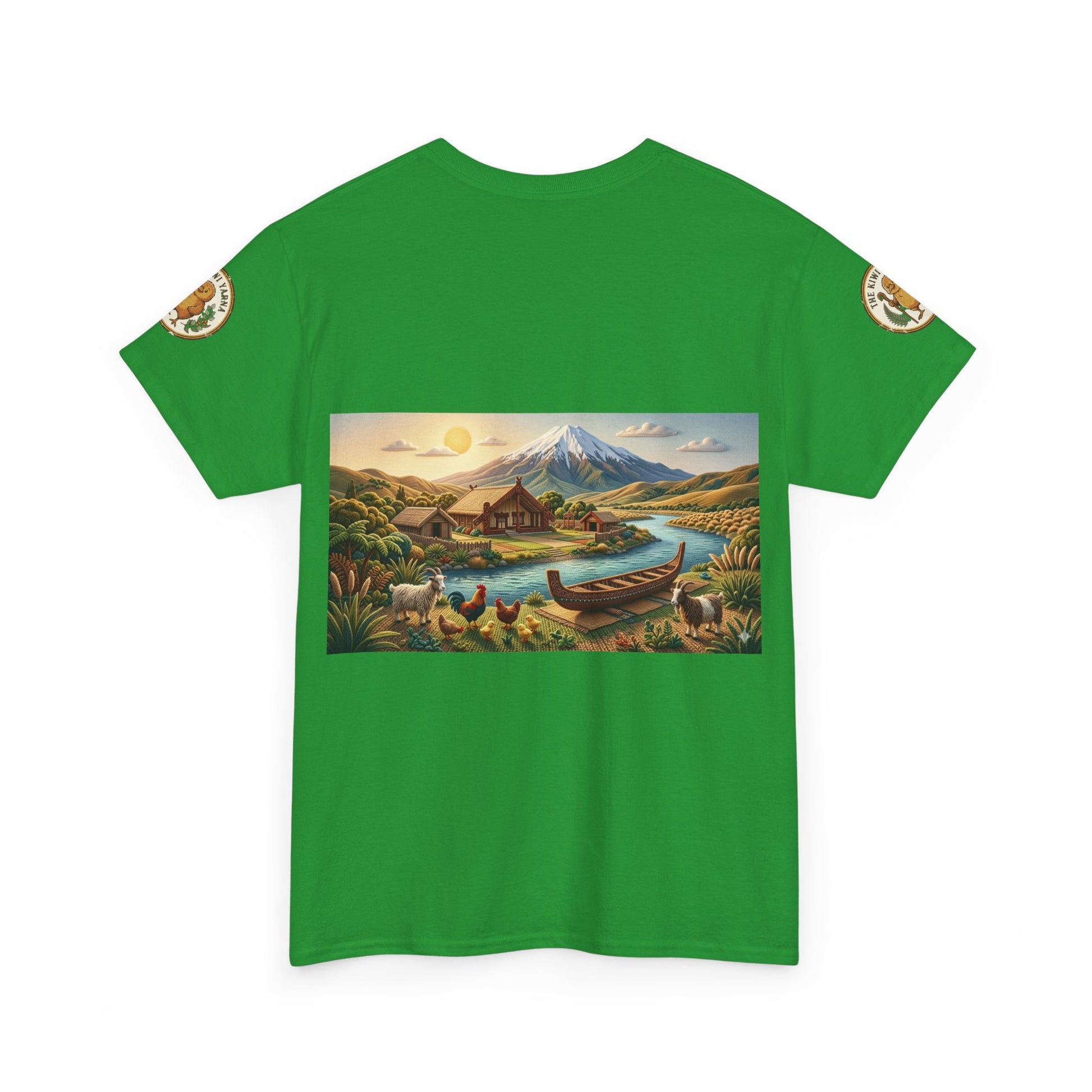 Green crew-neck short-sleeve T-shirt with scenic mountain and canoe graphic panel.