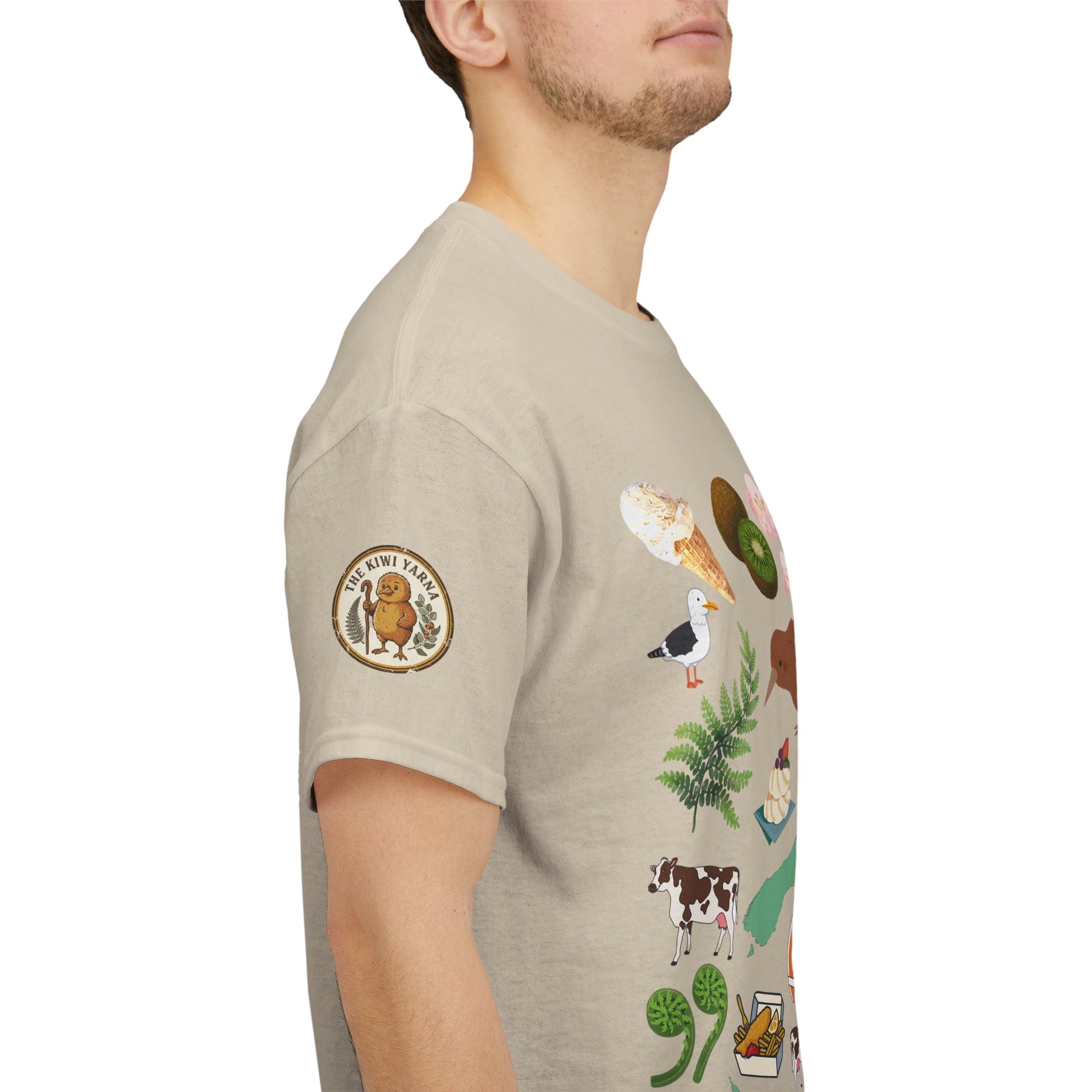 Beige crewneck T-shirt side view with circular sleeve badge graphic