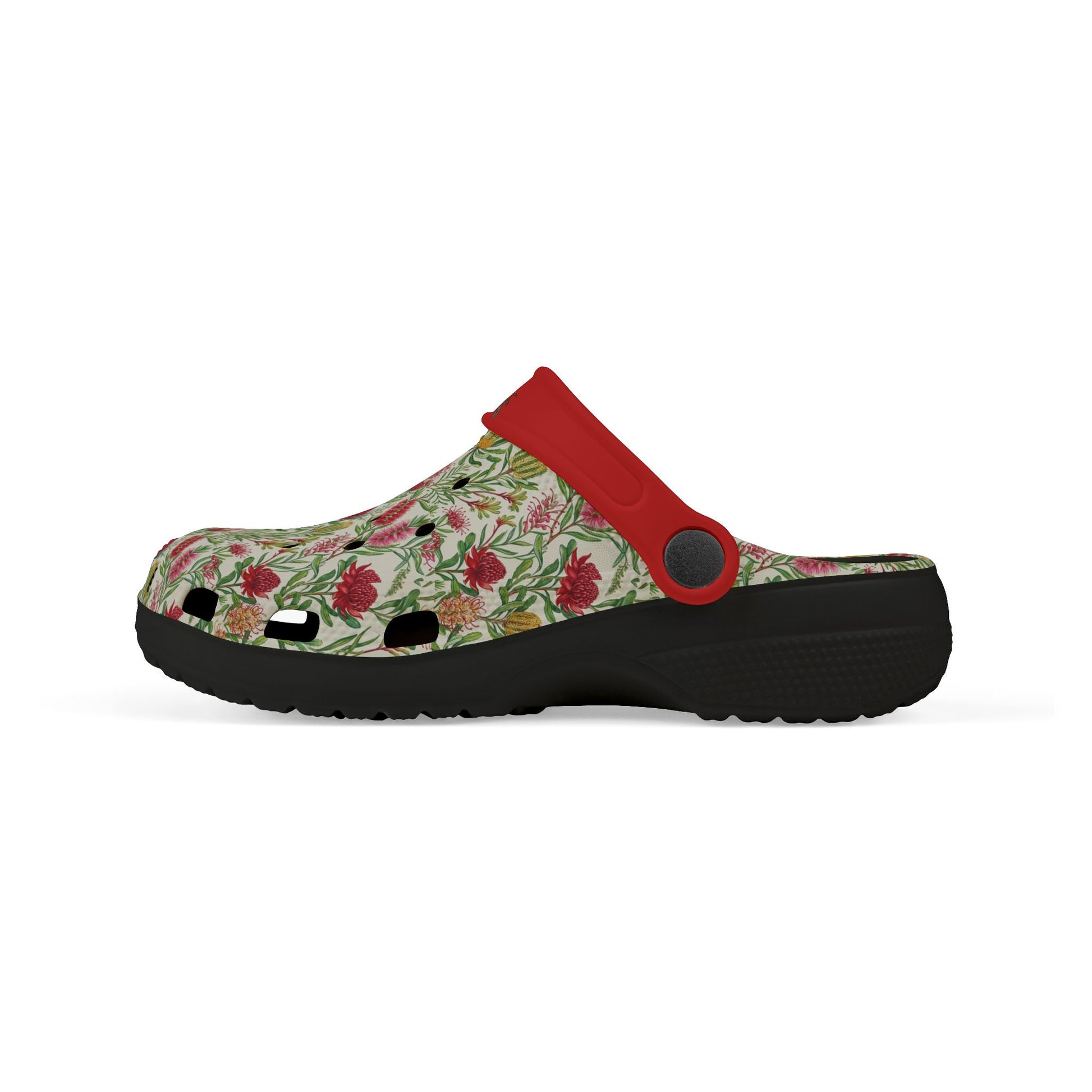 Floral slip-on clog with red strap and black outsole, side view showing tread.