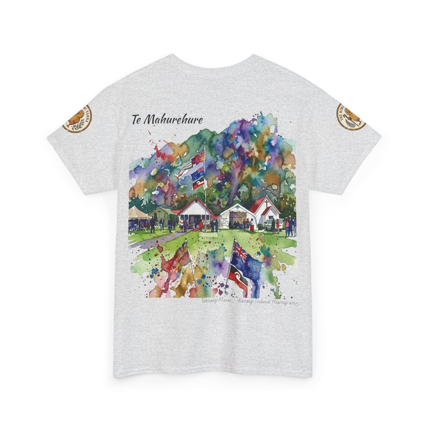 Heather gray crew-neck T-shirt with colorful village watercolor-style print