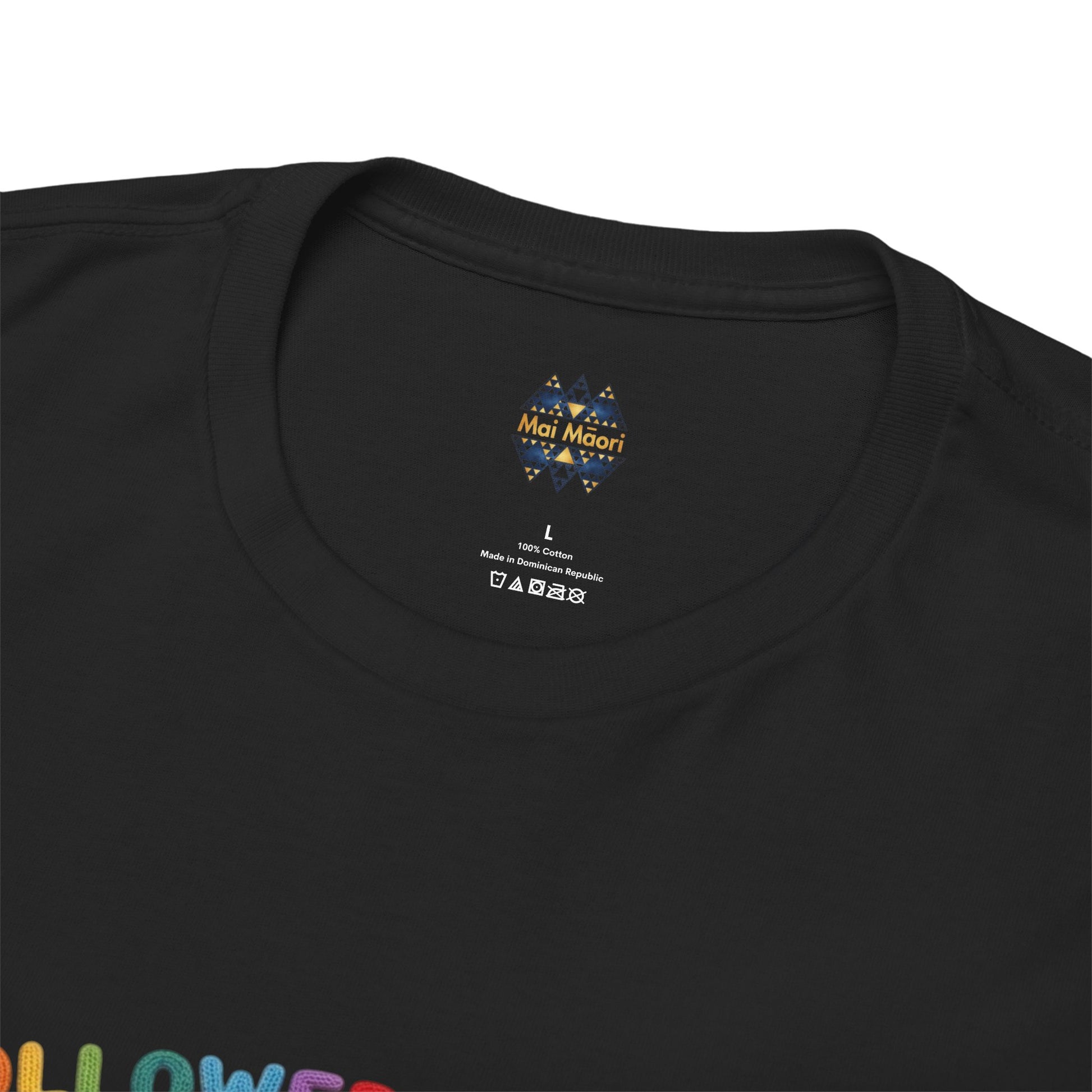 Black T-shirt close-up of neckline label