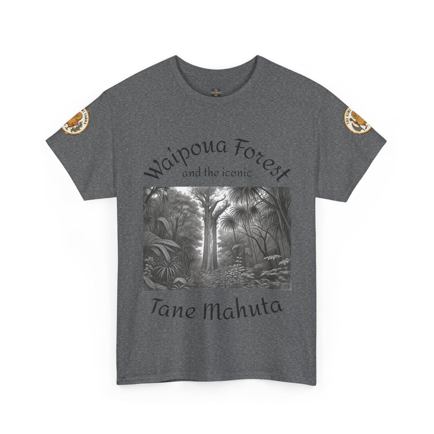 Heather gray T-shirt with front forest graphic and sleeve patches, crew neck.