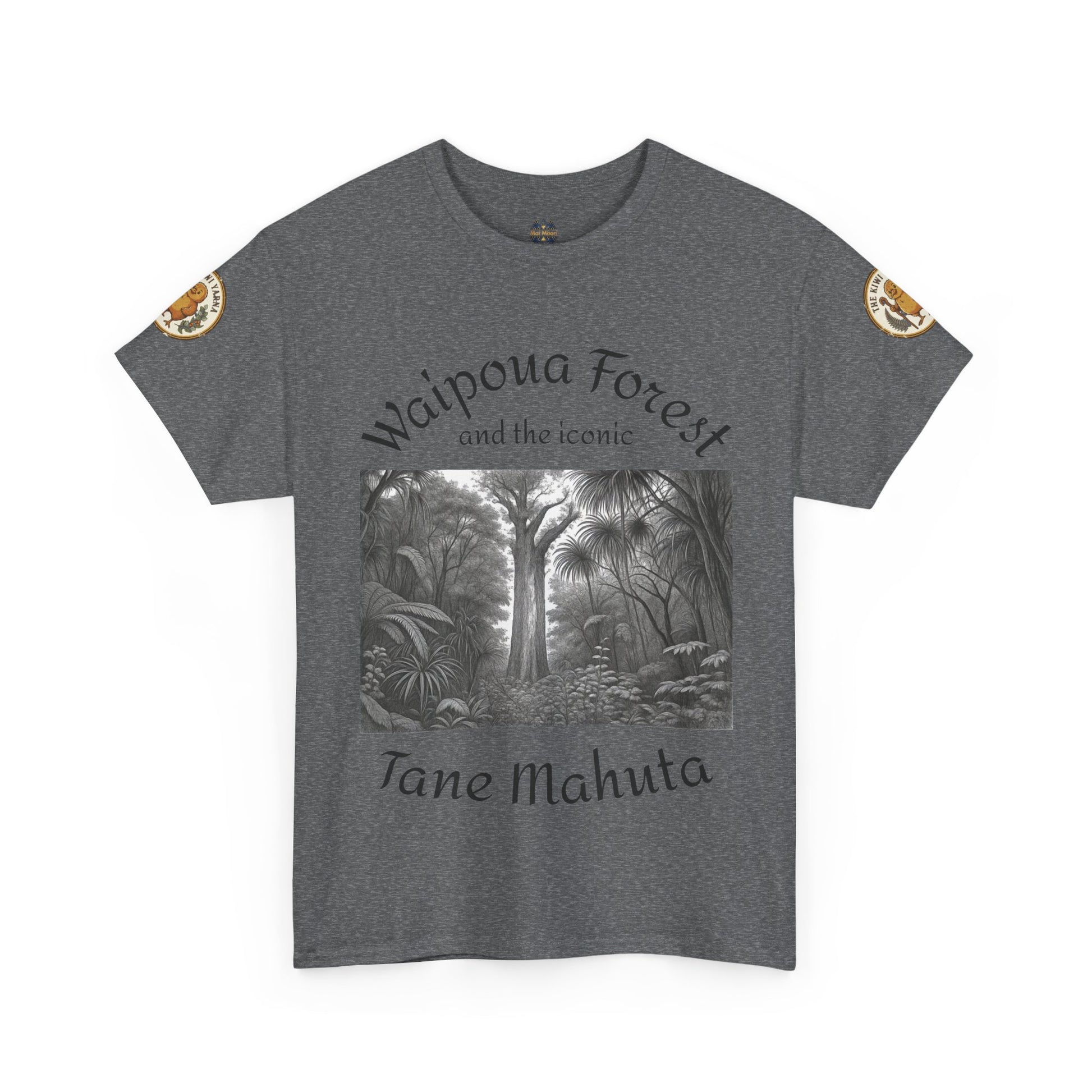 Heather gray T-shirt with front forest graphic and sleeve patches, crew neck.