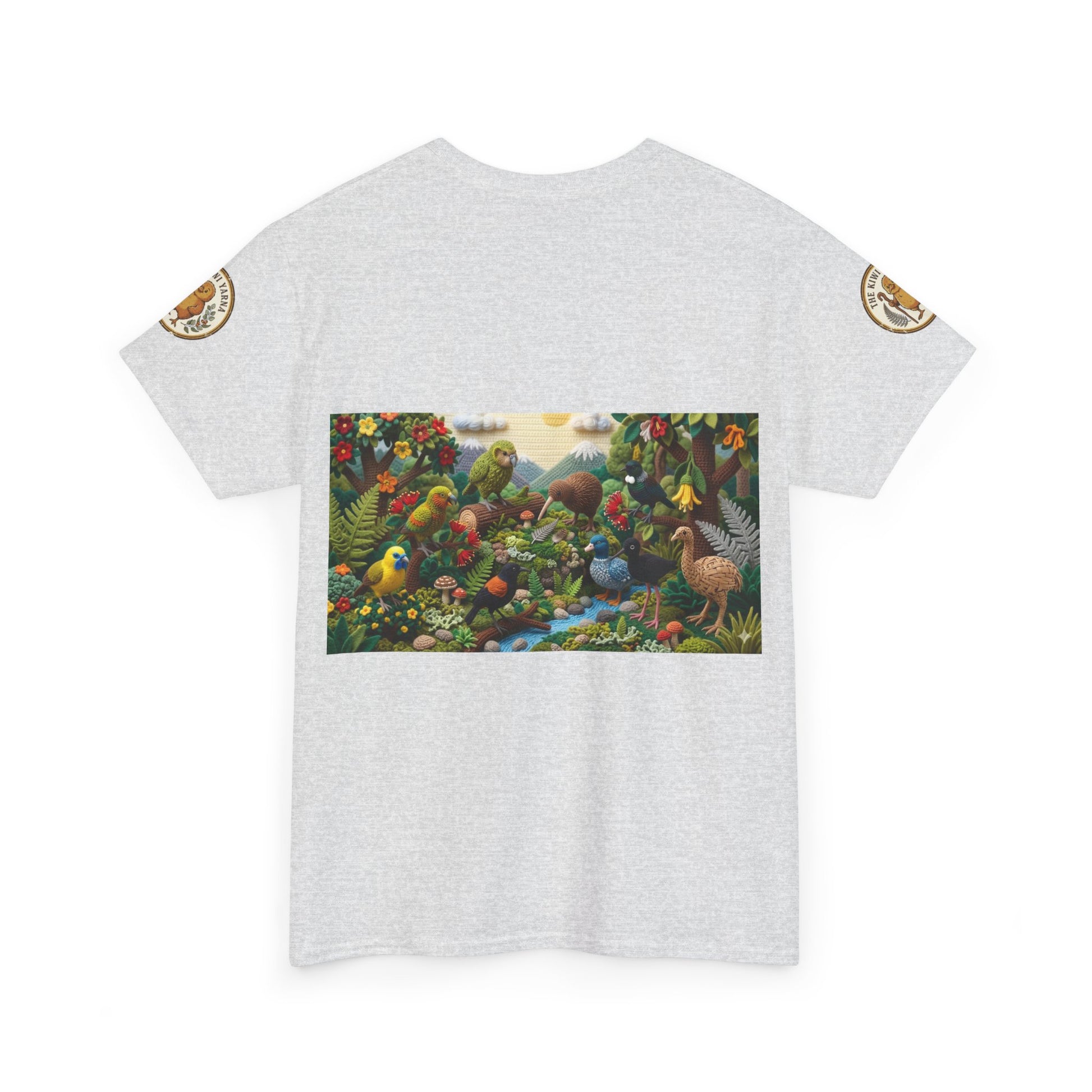 Heather gray graphic T-shirt with rectangular birds and forest scene print