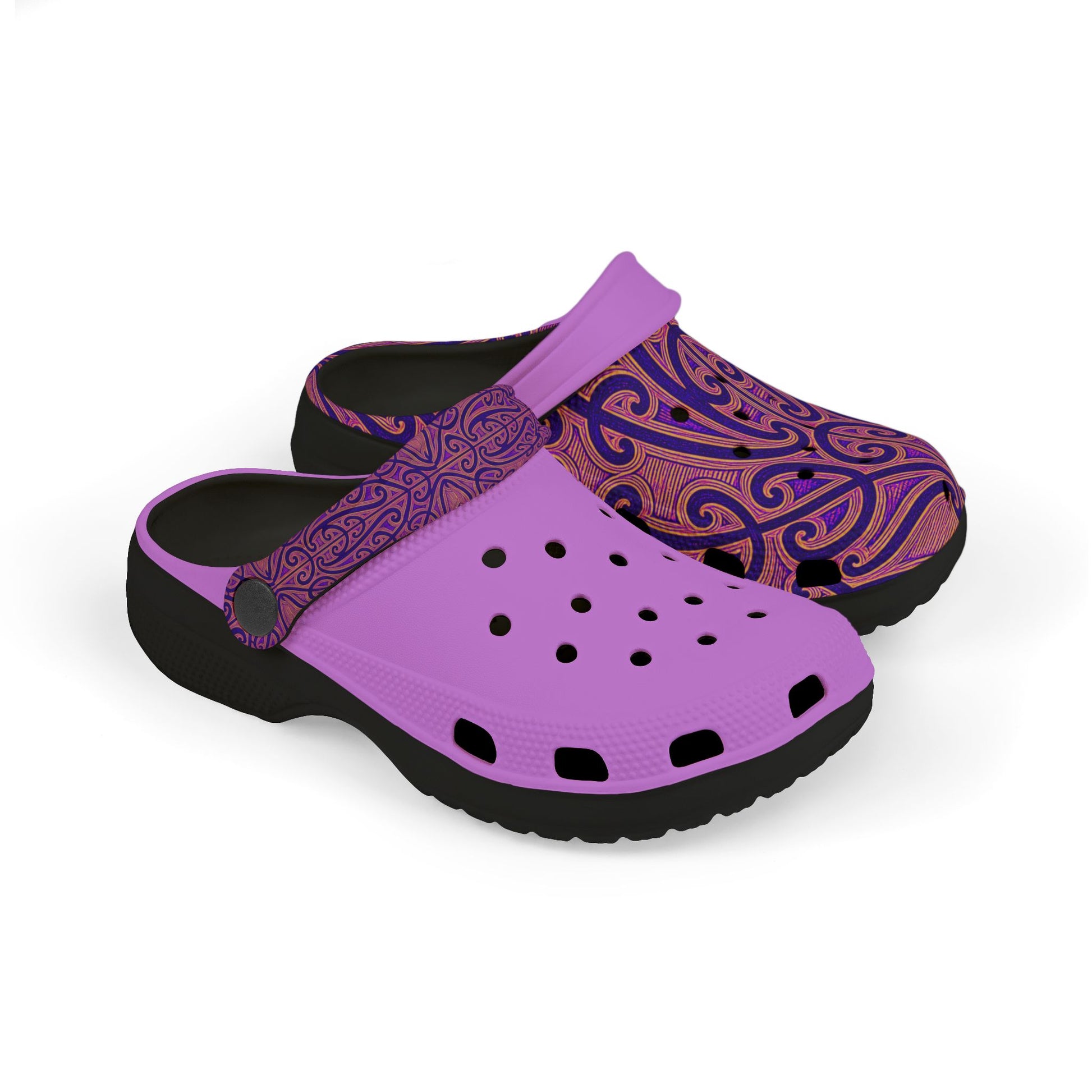 Tauira clogs with purple top panel, ornate blue/purple upper, black sole, perforations