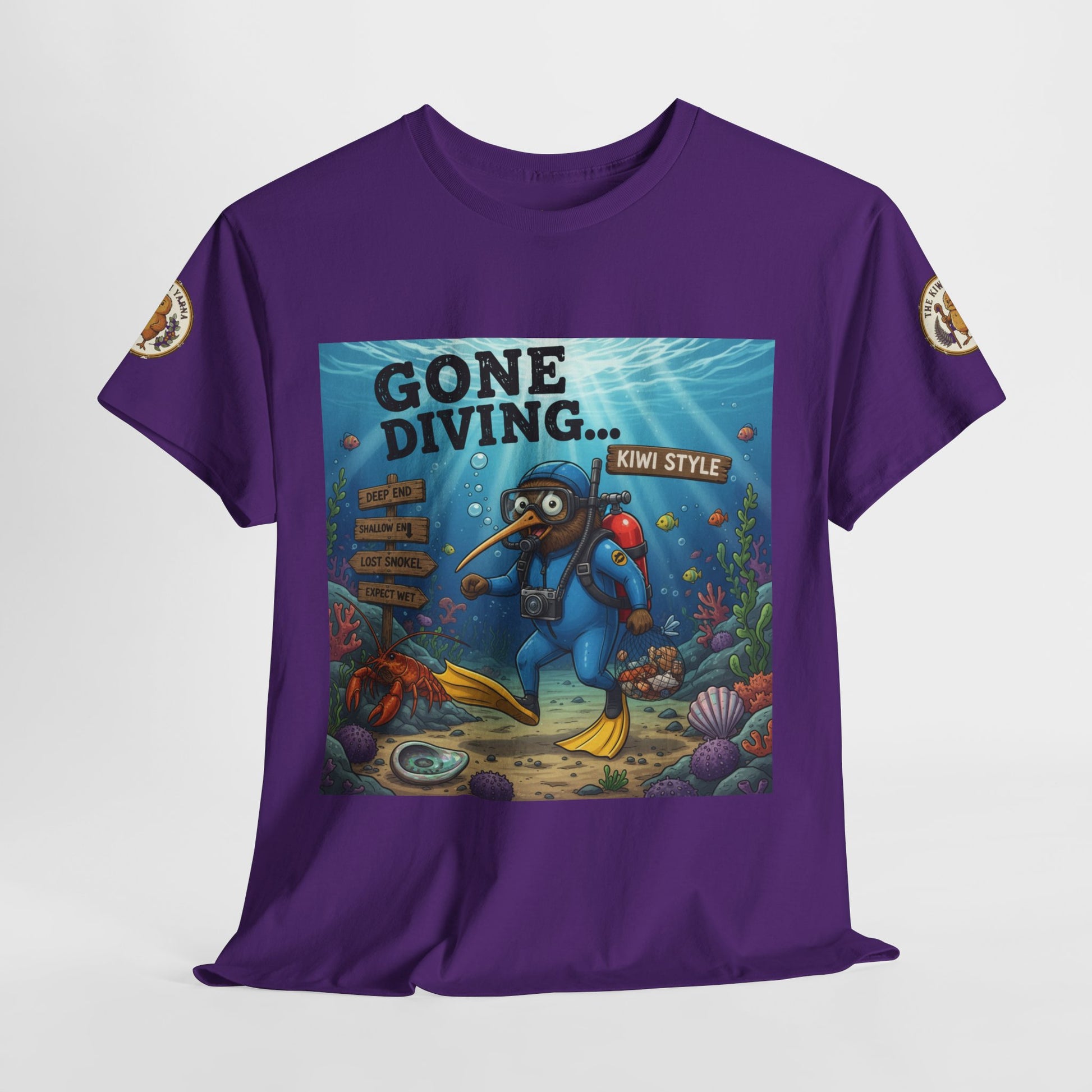 Purple crew-neck T-shirt with “Gone Diving” ocean diver scene front print