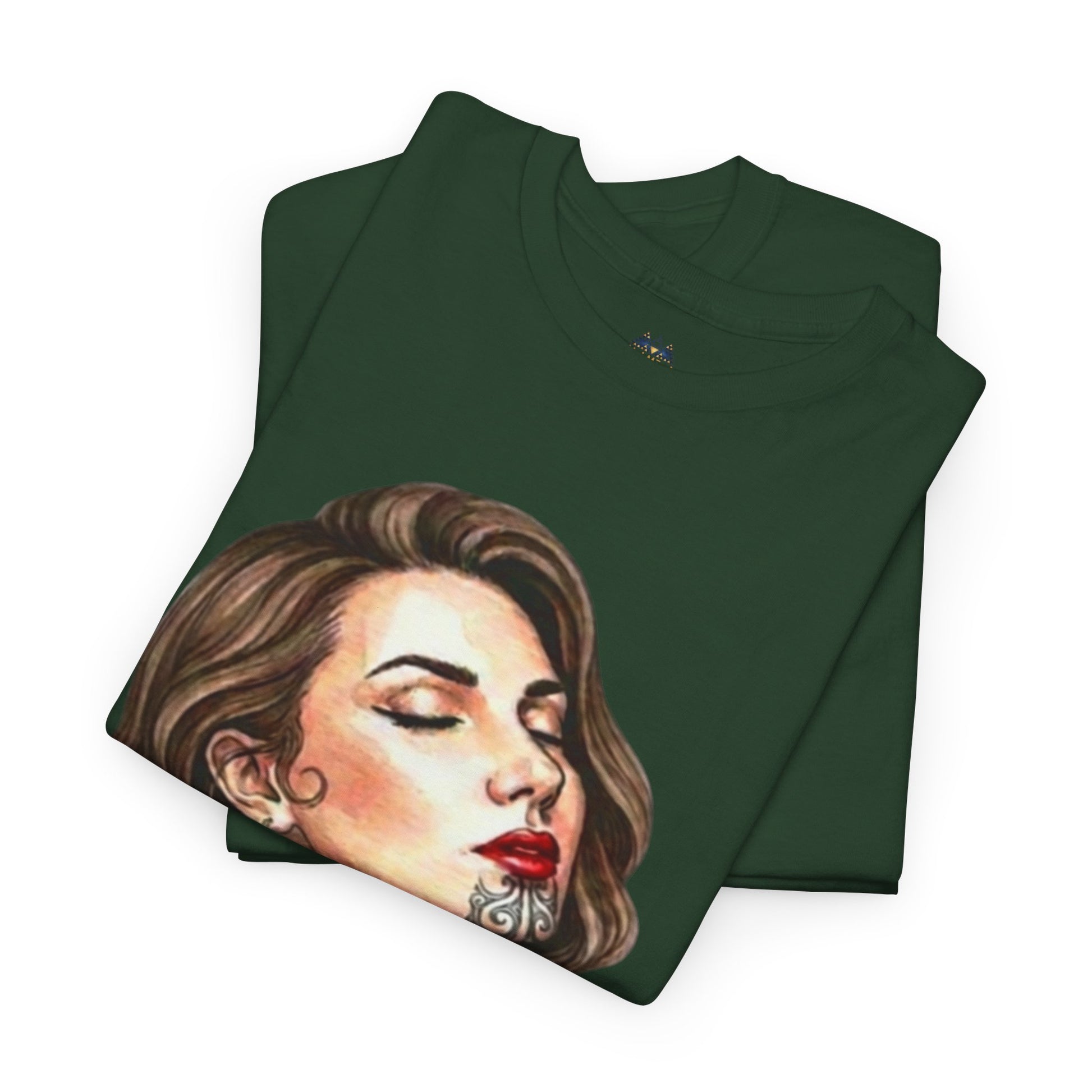 Dark green graphic T-shirt folded with woman face portrait graphic across front.