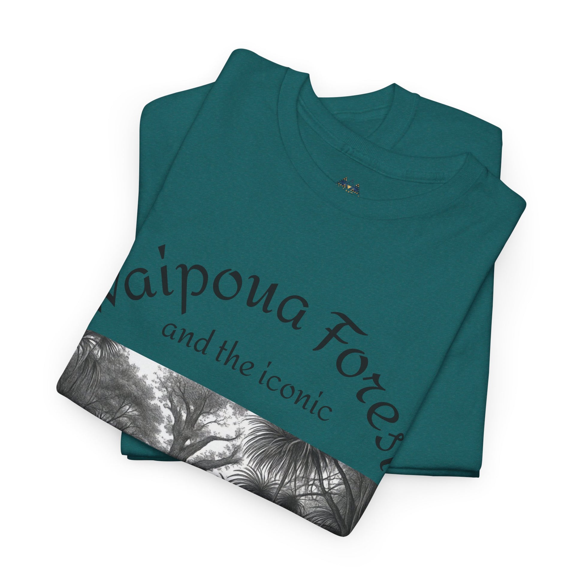Teal graphic T-shirt with forest band print and Waipoua Forest text, folded view