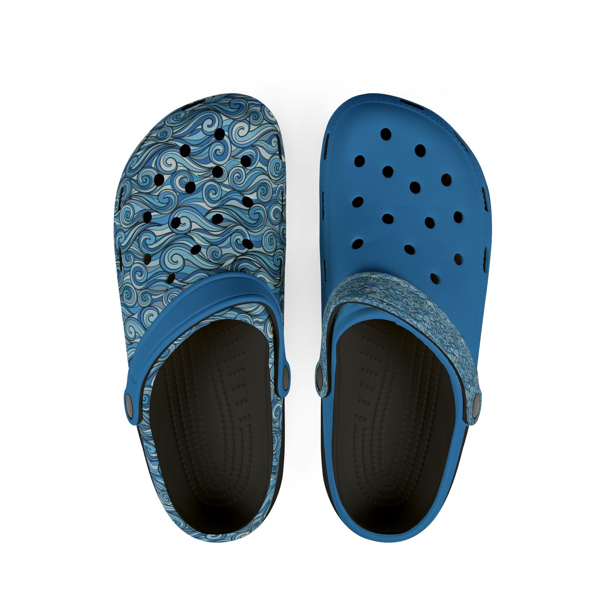Blue slip-on clogs with dotted ventilation holes and cushioned interior