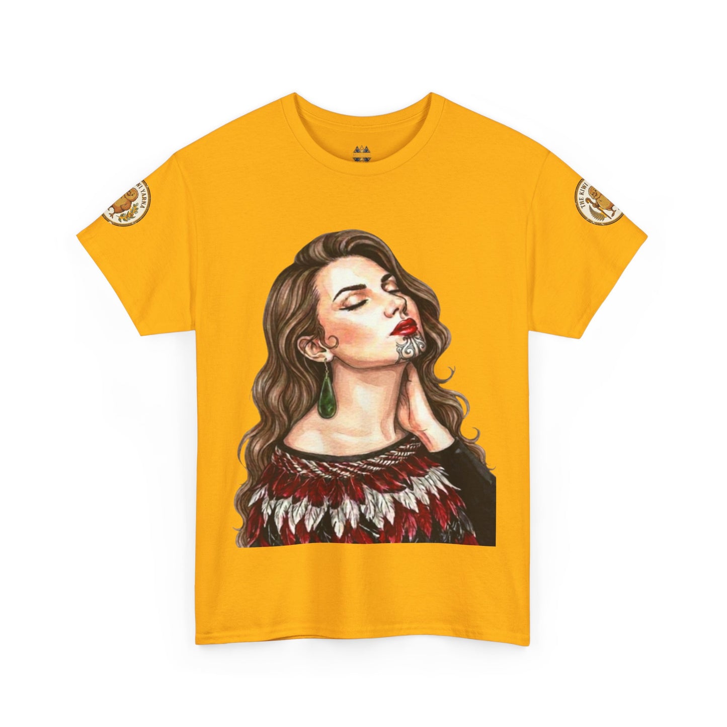 Mustard yellow T-shirt with portrait graphic and gold sleeve patch details.
