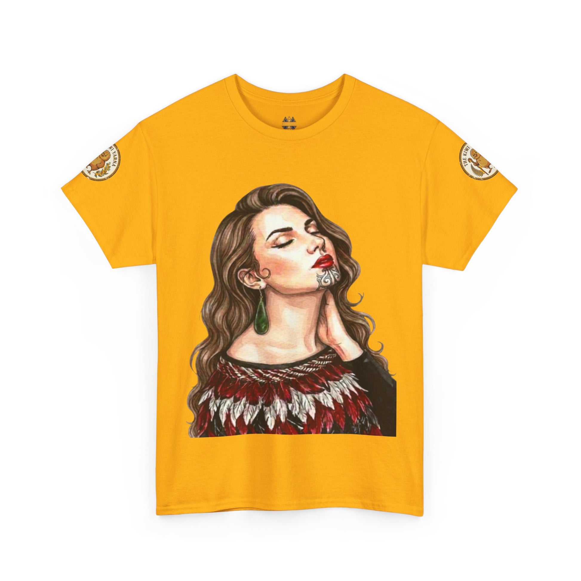 Mustard yellow T-shirt with portrait graphic and gold sleeve patch details.