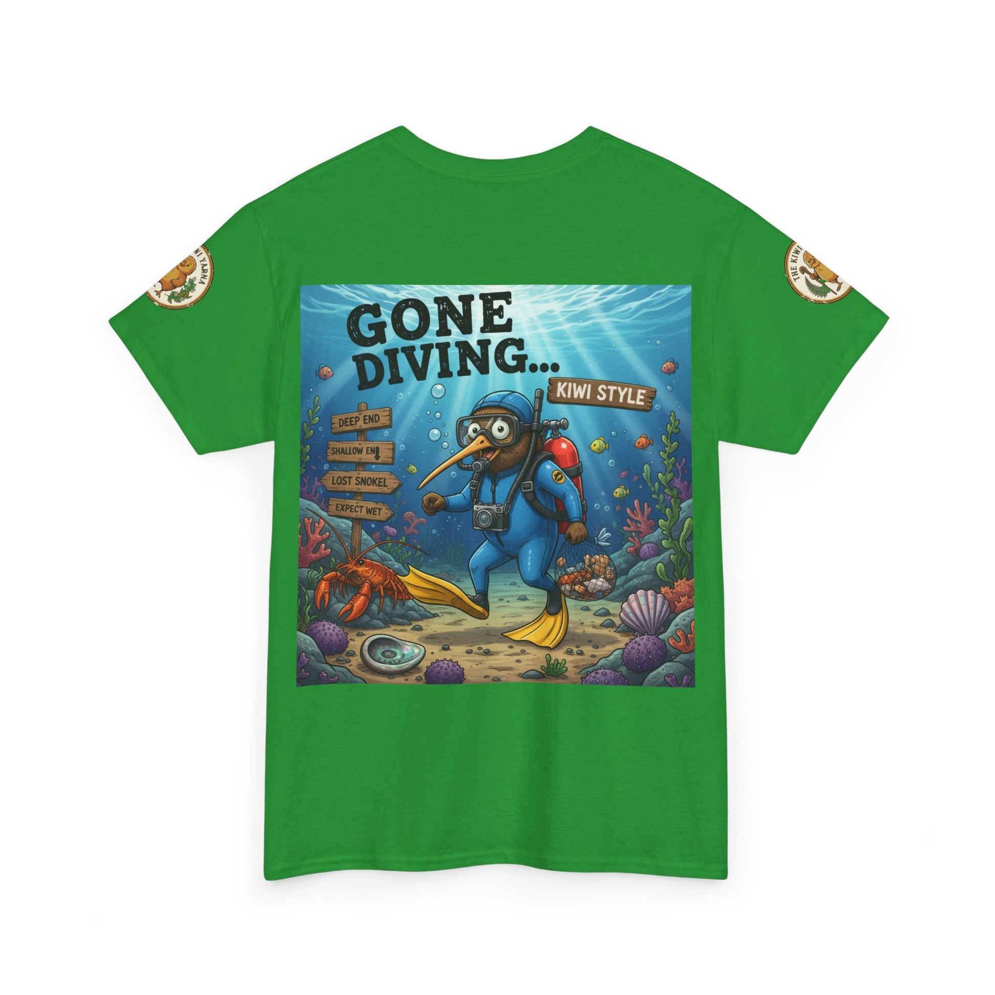 Green crew-neck T-shirt with ocean diver graphic and round sleeve patches