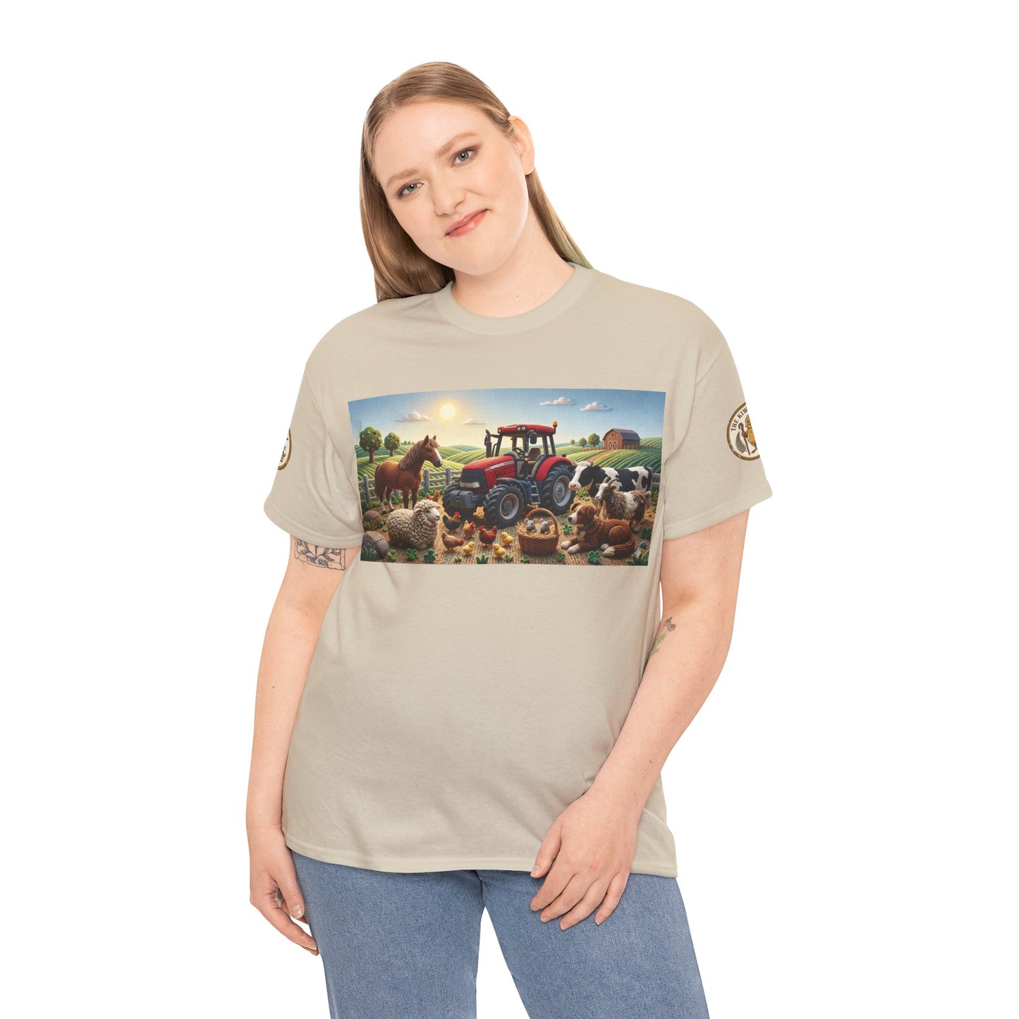 Natural beige T-shirt worn by model with front farm scene graphic