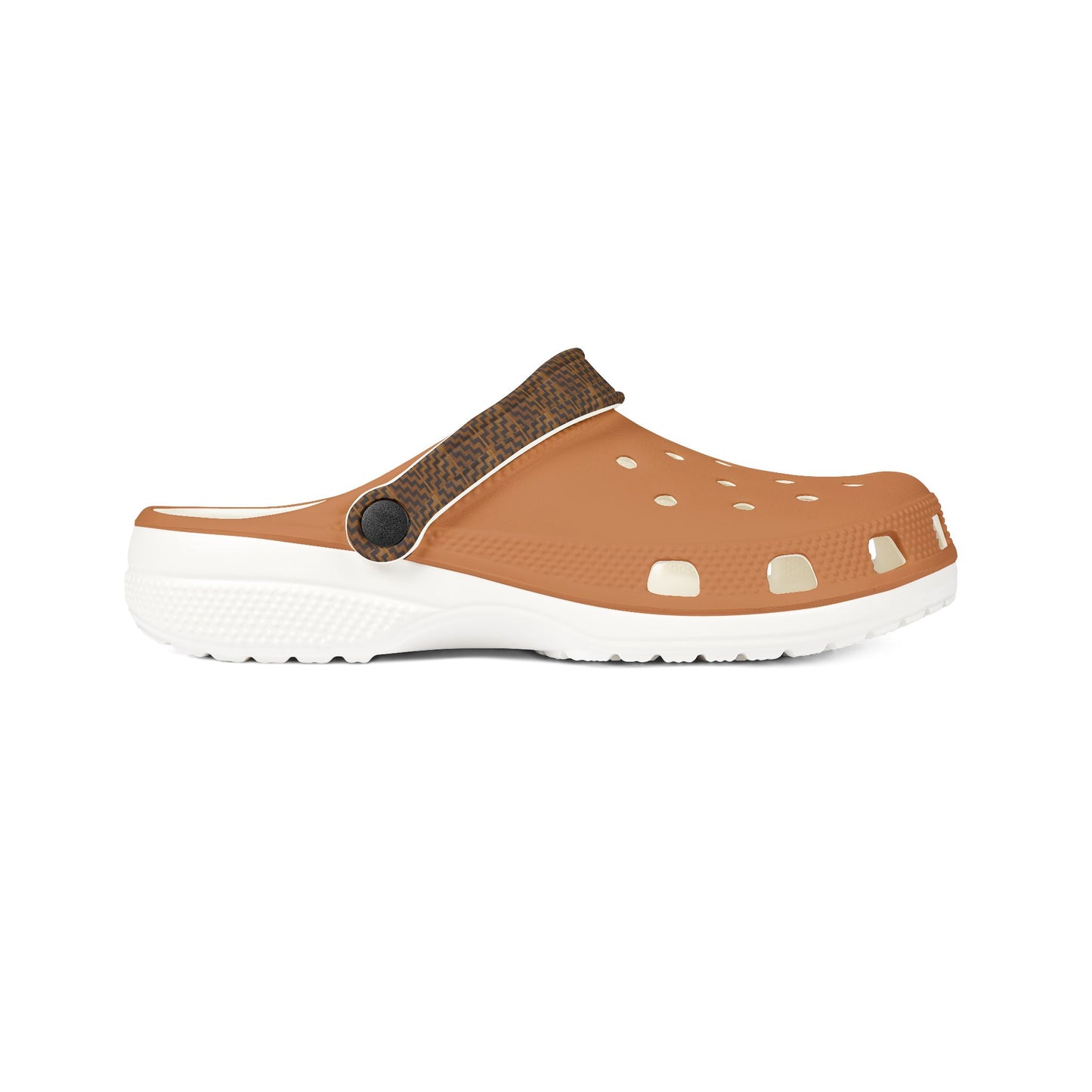 Side view slip-on clog with tan perforated upper, dark patterned toe, and white sole